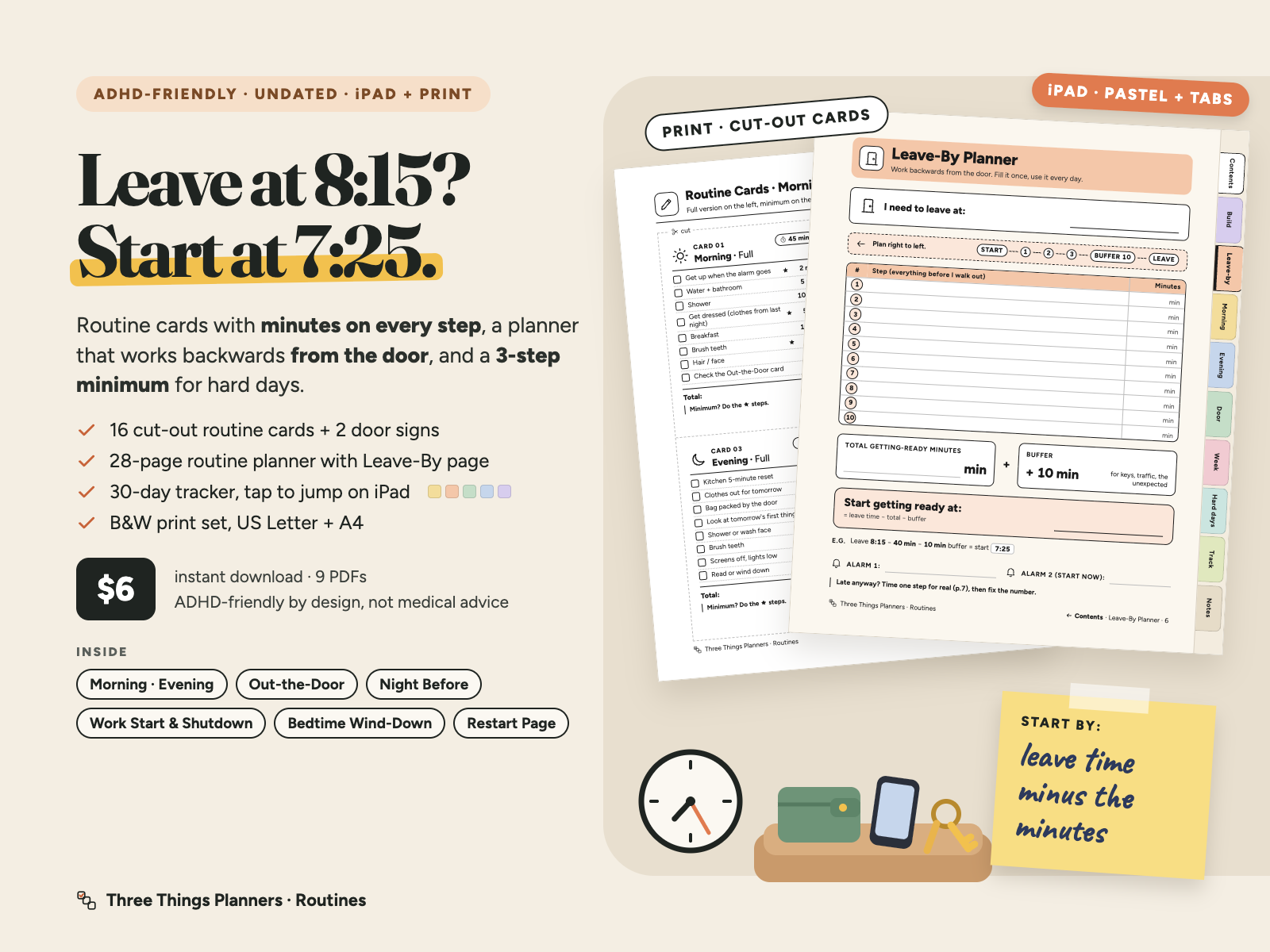 ADHD-Friendly Routine Cards cover: Leave at 8:15? Start at 7:25. Printed card sheet and iPad Pastel Leave-By page