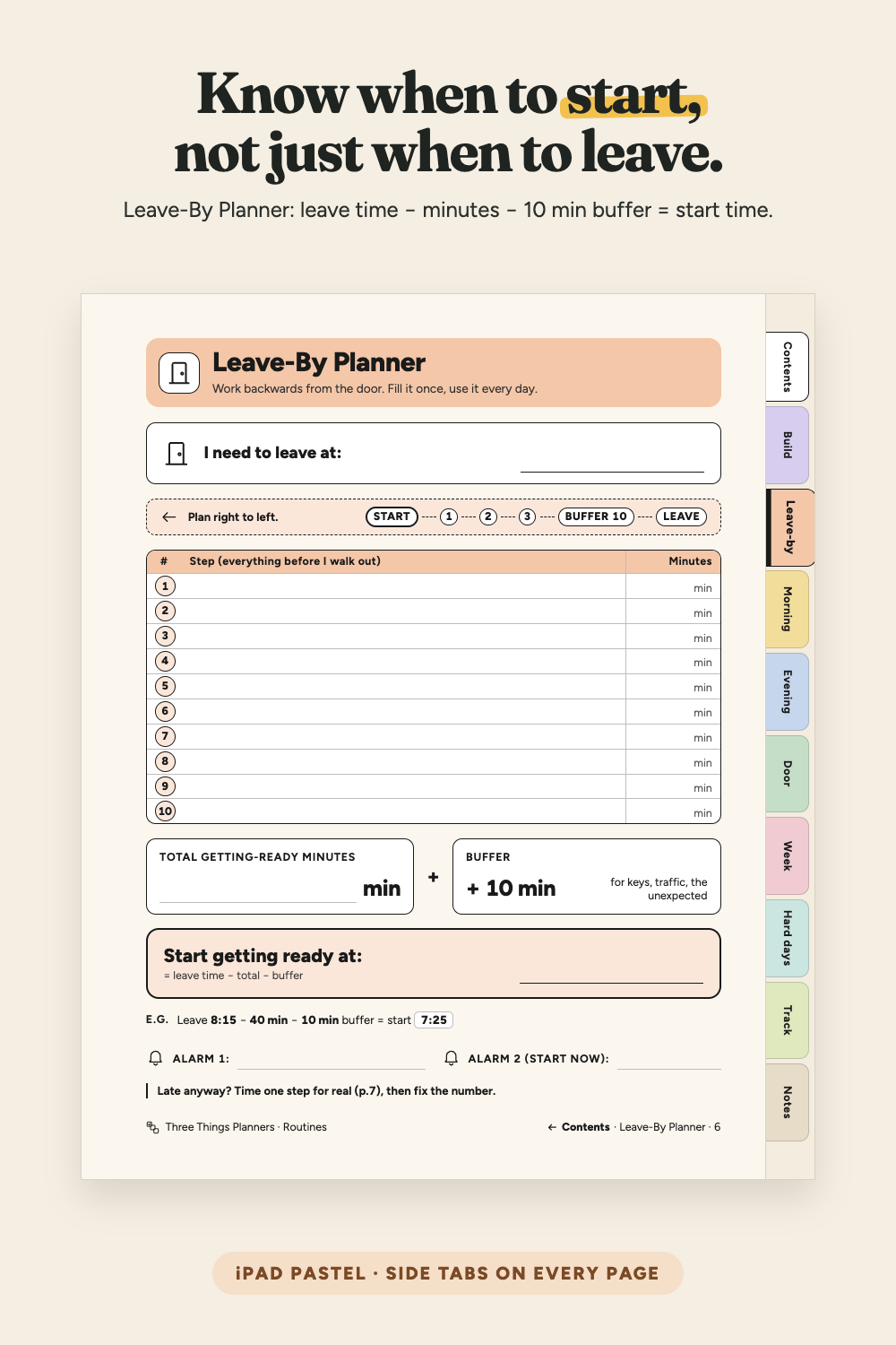 Blank Leave-By Planner page, iPad Pastel edition with 10 side tabs