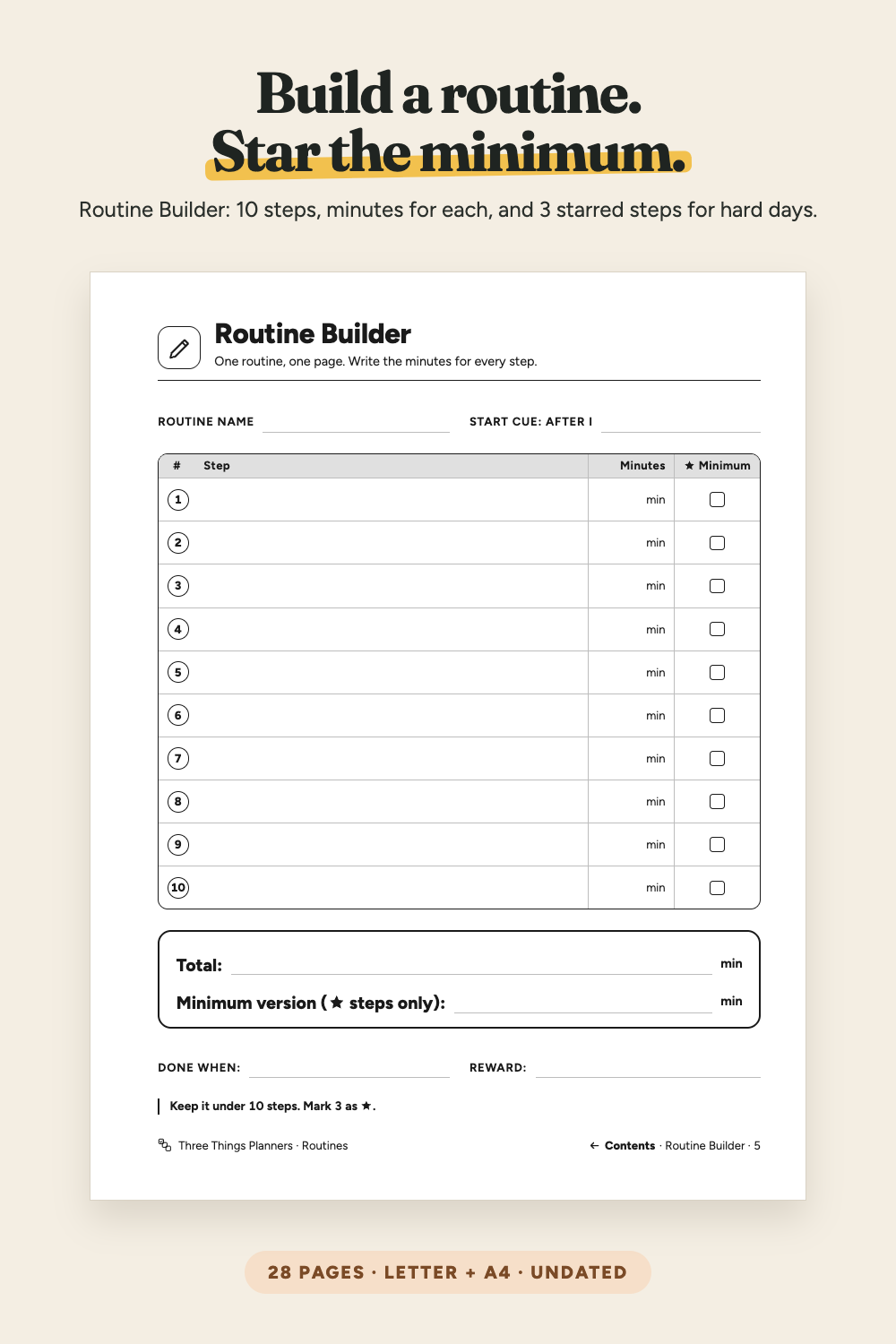 Routine Builder page with 10 steps, minutes and a star column for the minimum