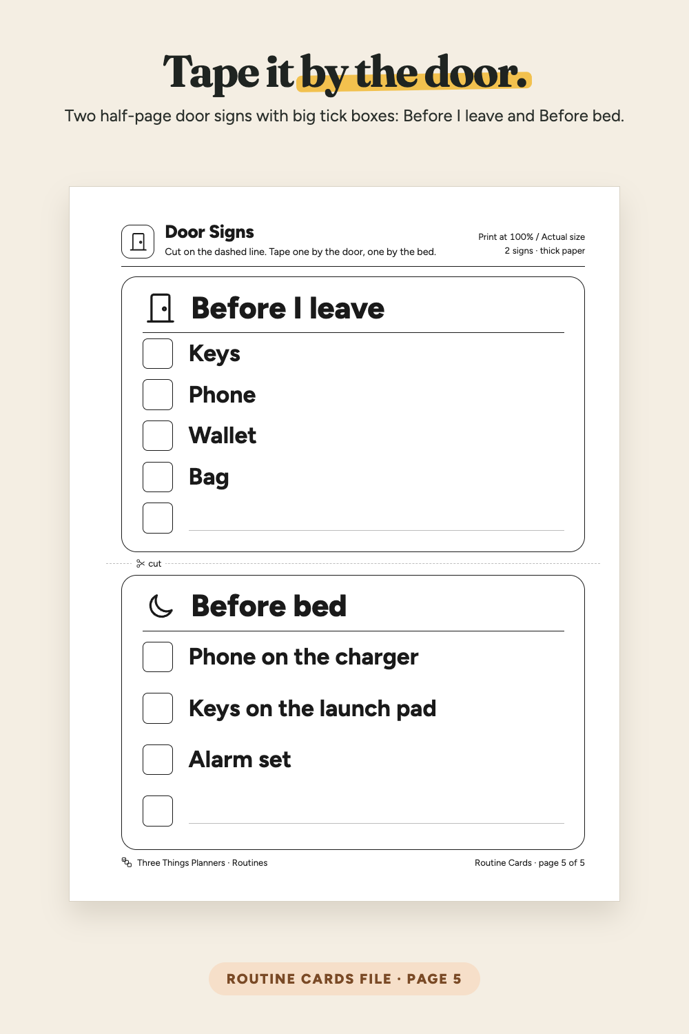 Door signs: Before I leave and Before bed with big tick boxes