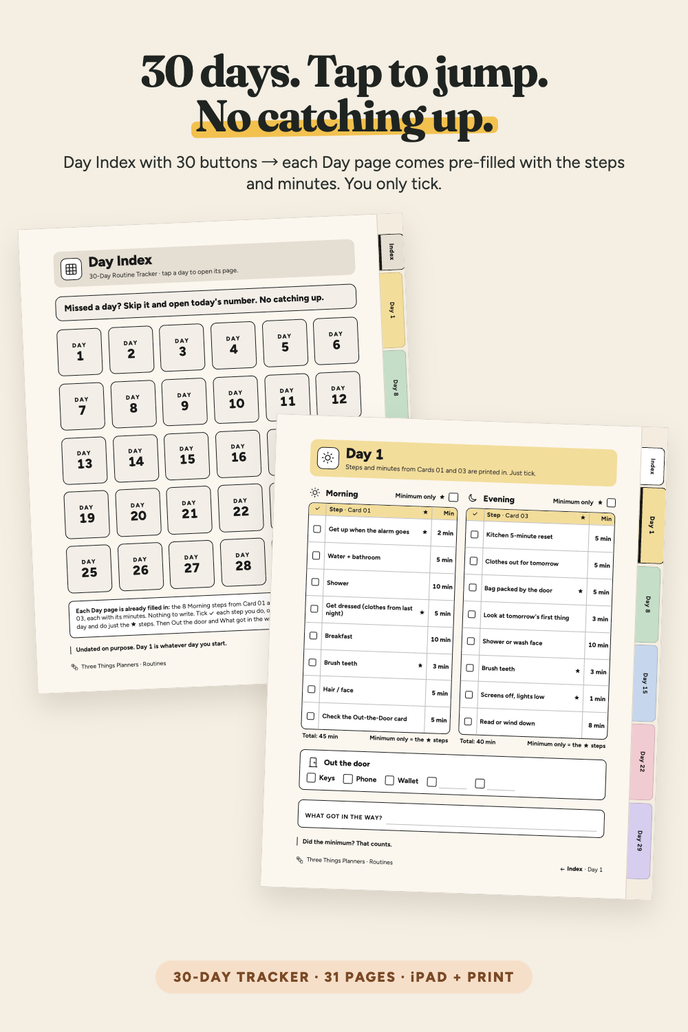 30-Day Routine Tracker iPad Pastel: Day Index with 30 buttons and the pre-filled Day 1 page with side tabs