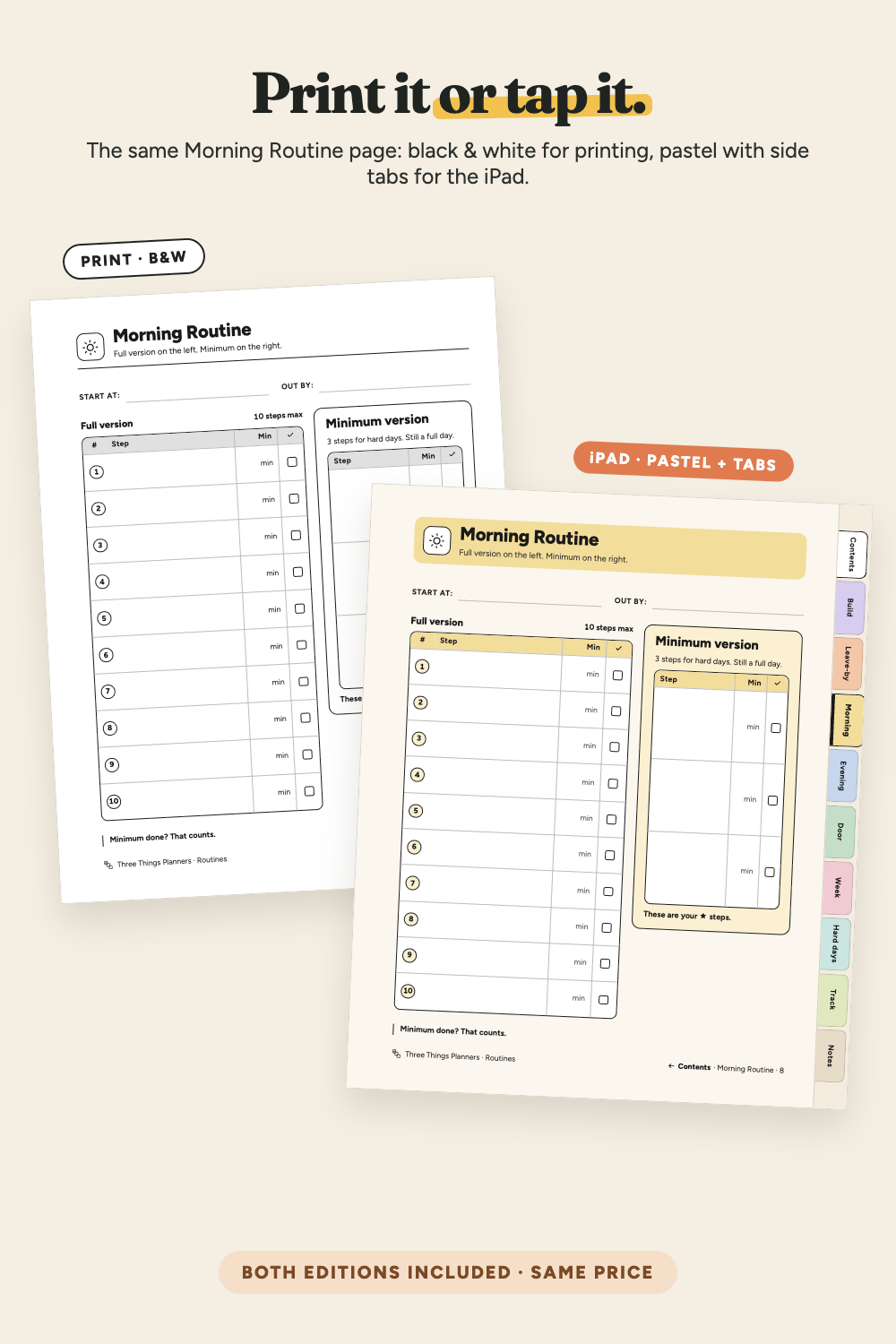 Morning Routine page in black and white print and in iPad Pastel with tabs