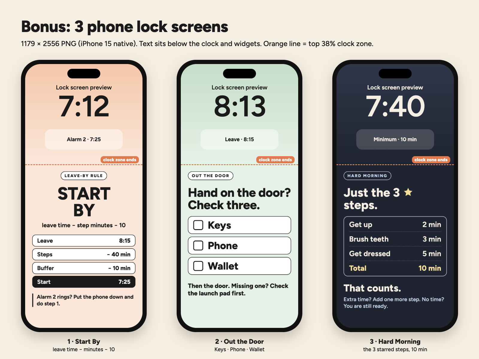 Three bonus phone lock screens: Start By, Out the Door, Hard Morning, shown under a lock-screen clock