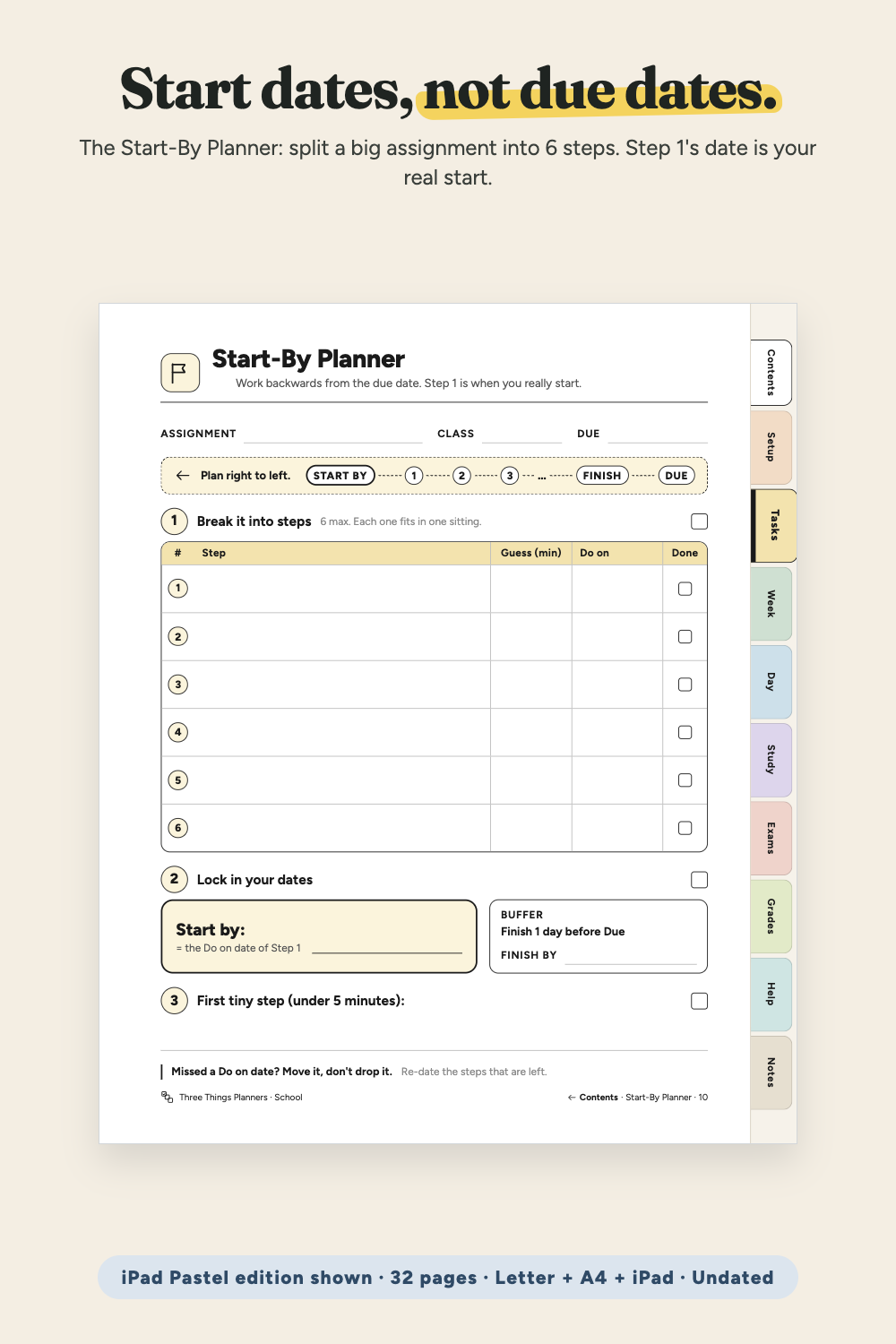 Start-By Planner, iPad Pastel edition: 6 steps with Guess, Do on and Done, a Start by box and a buffer box