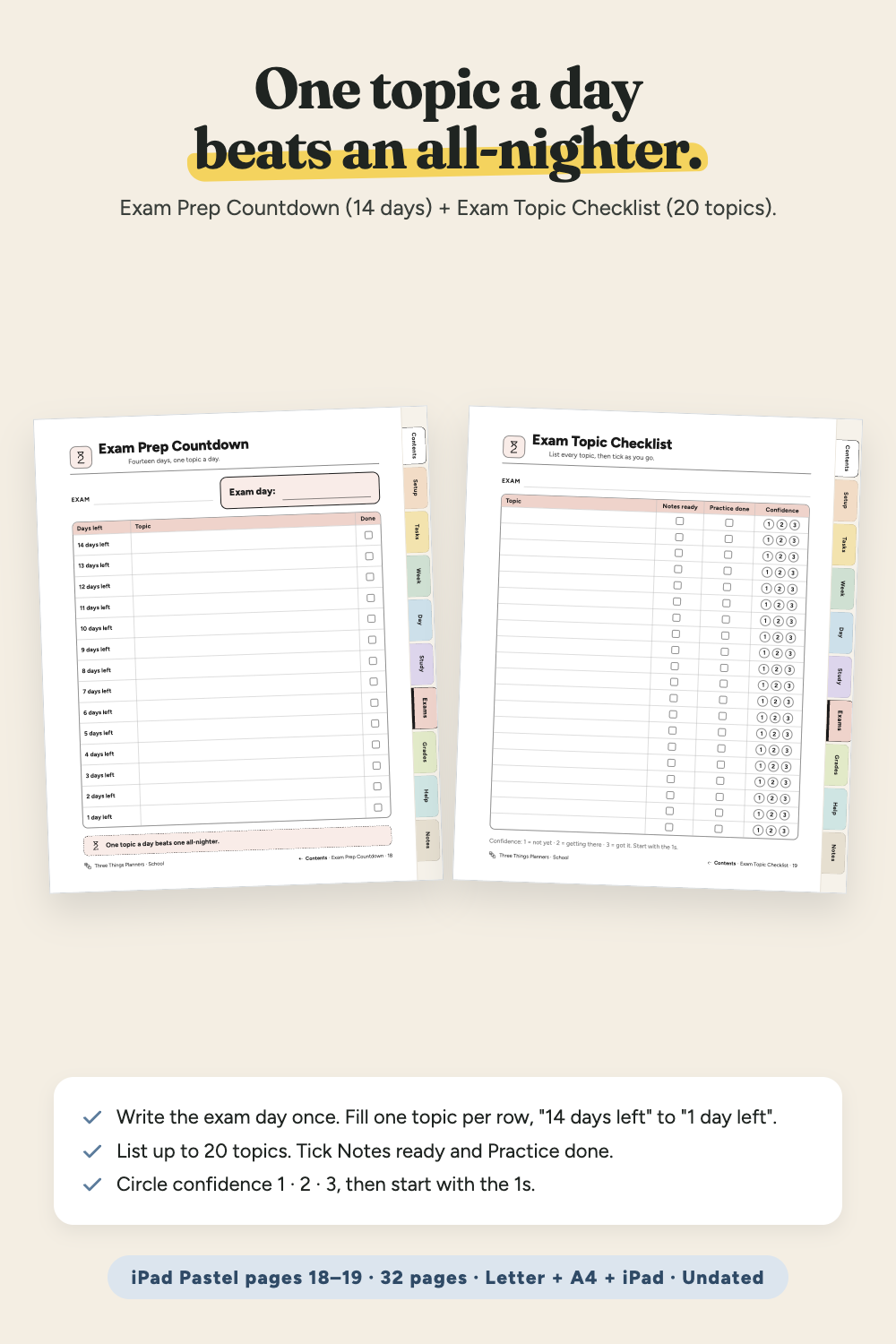 Exam Prep Countdown from 14 days left to 1 day left, and Exam Topic Checklist with 20 topics