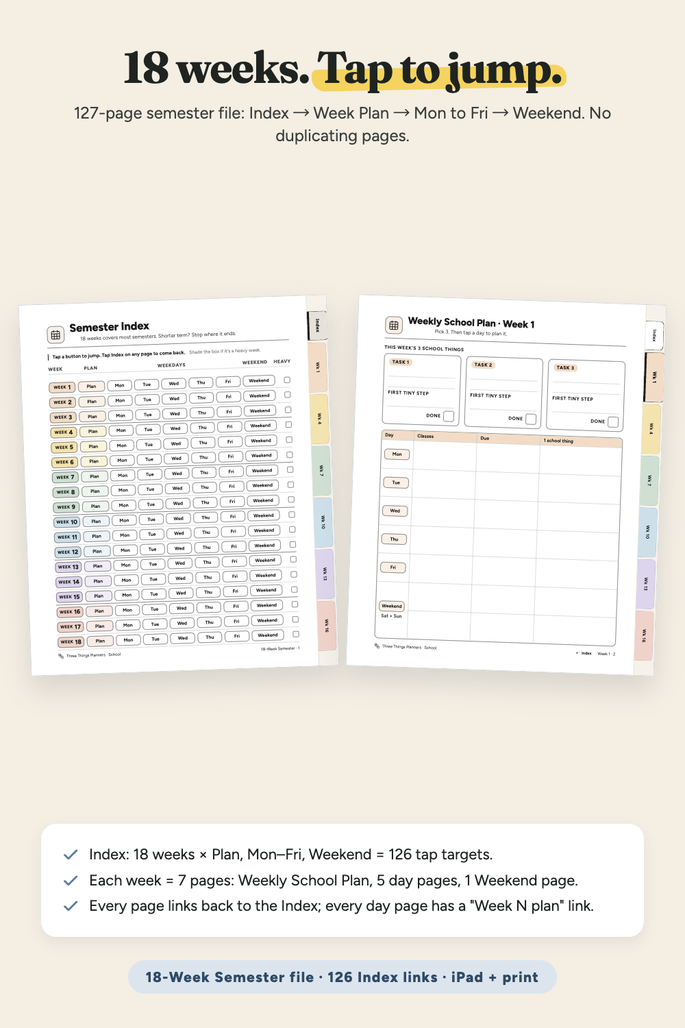 18-Week Semester file: Semester Index with Plan, Mon to Fri and Weekend buttons, and Weekly School Plan Week 1