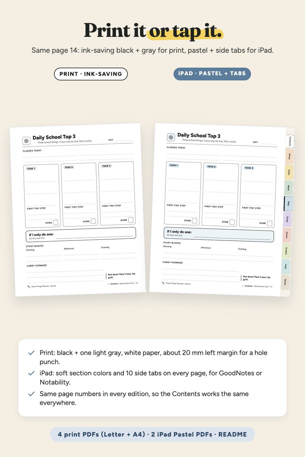 The same Daily School Top 3 page in black and white print and in the iPad Pastel edition