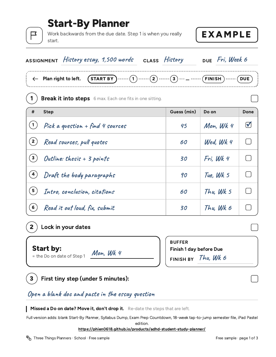 Free sample page 1: filled-in Start-By Planner example, History essay 1,500 words, split into steps with Do on dates