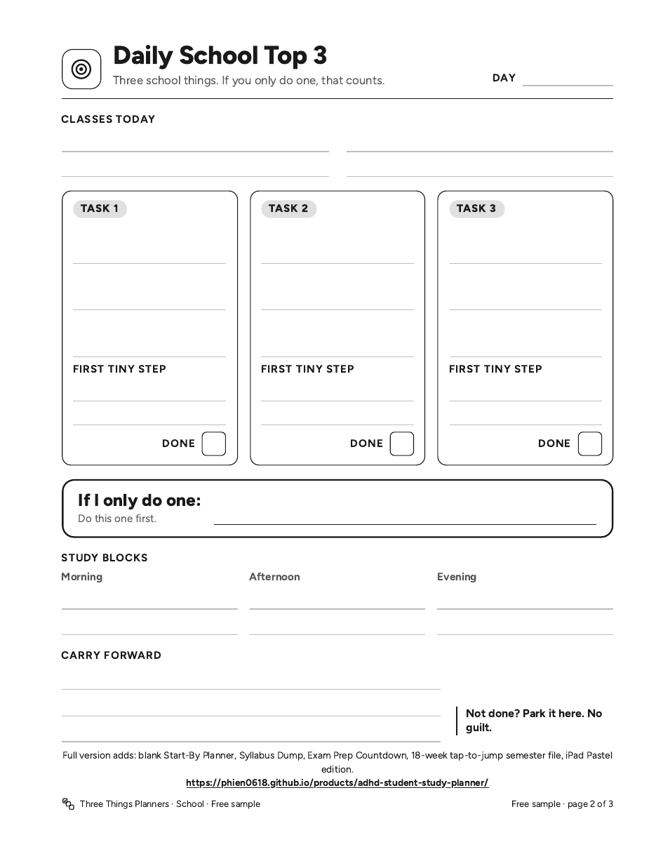Free sample page 2: blank Daily School Top 3 page