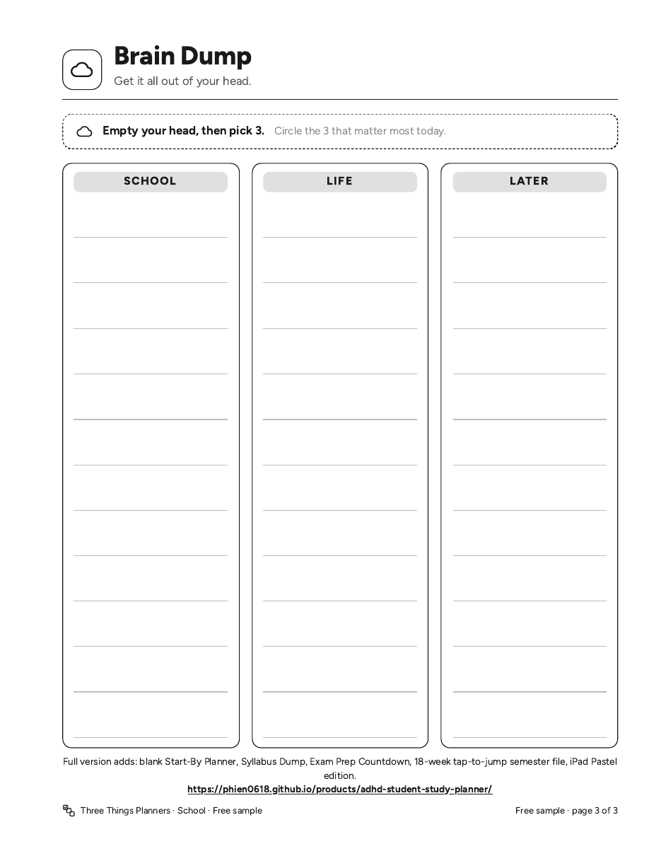 Free sample page 3: blank Brain Dump page