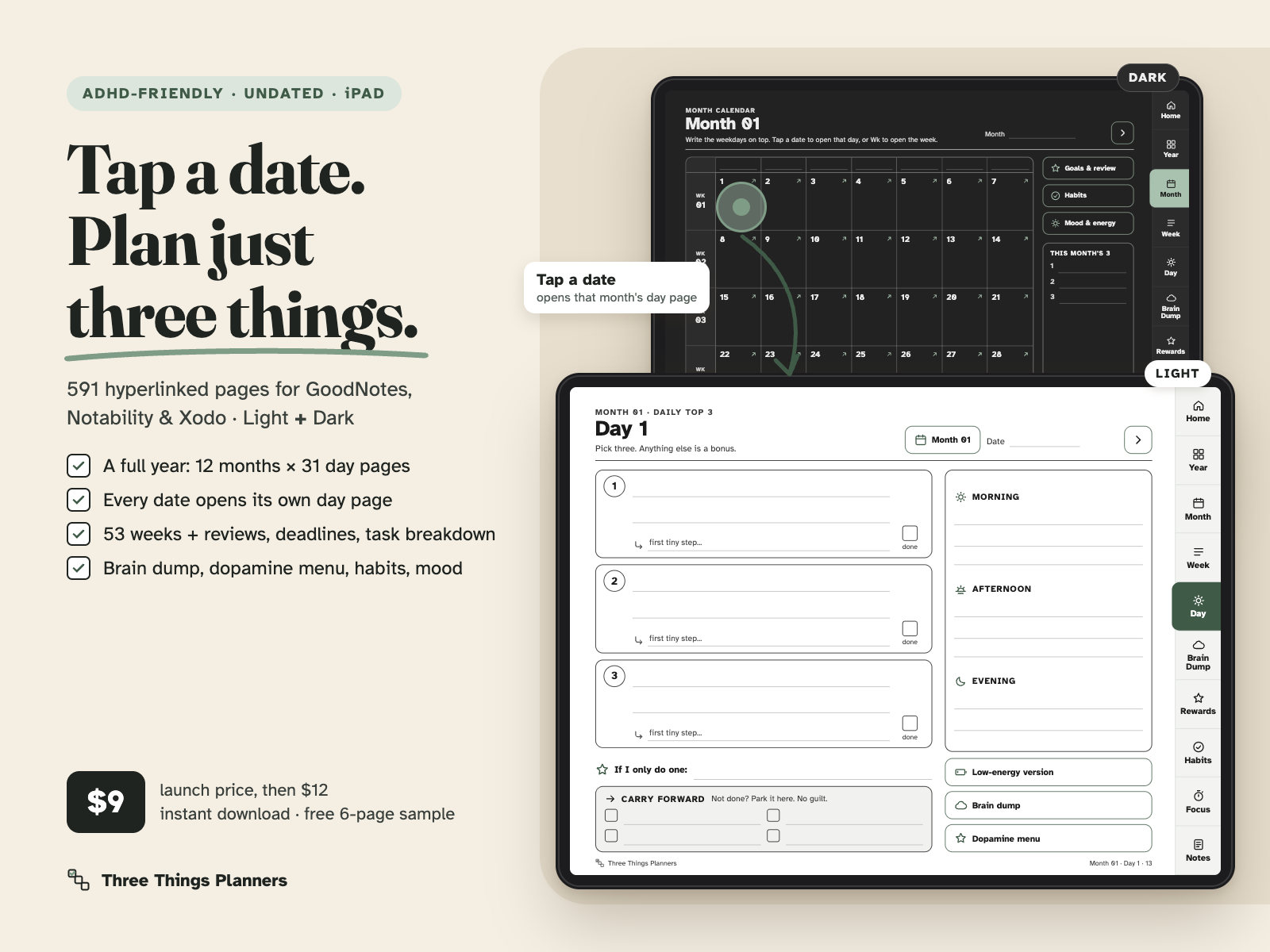 ADHD-Friendly Undated Digital Planner cover: tap a date, plan just three things. 591 hyperlinked pages, Light and Dark