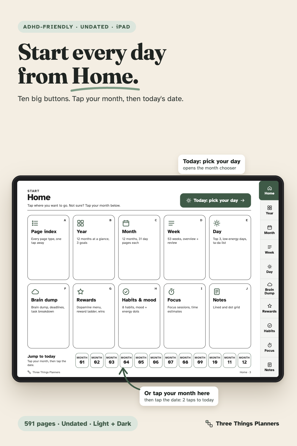 Home page with 10 tiles, 12 month buttons and the Today button