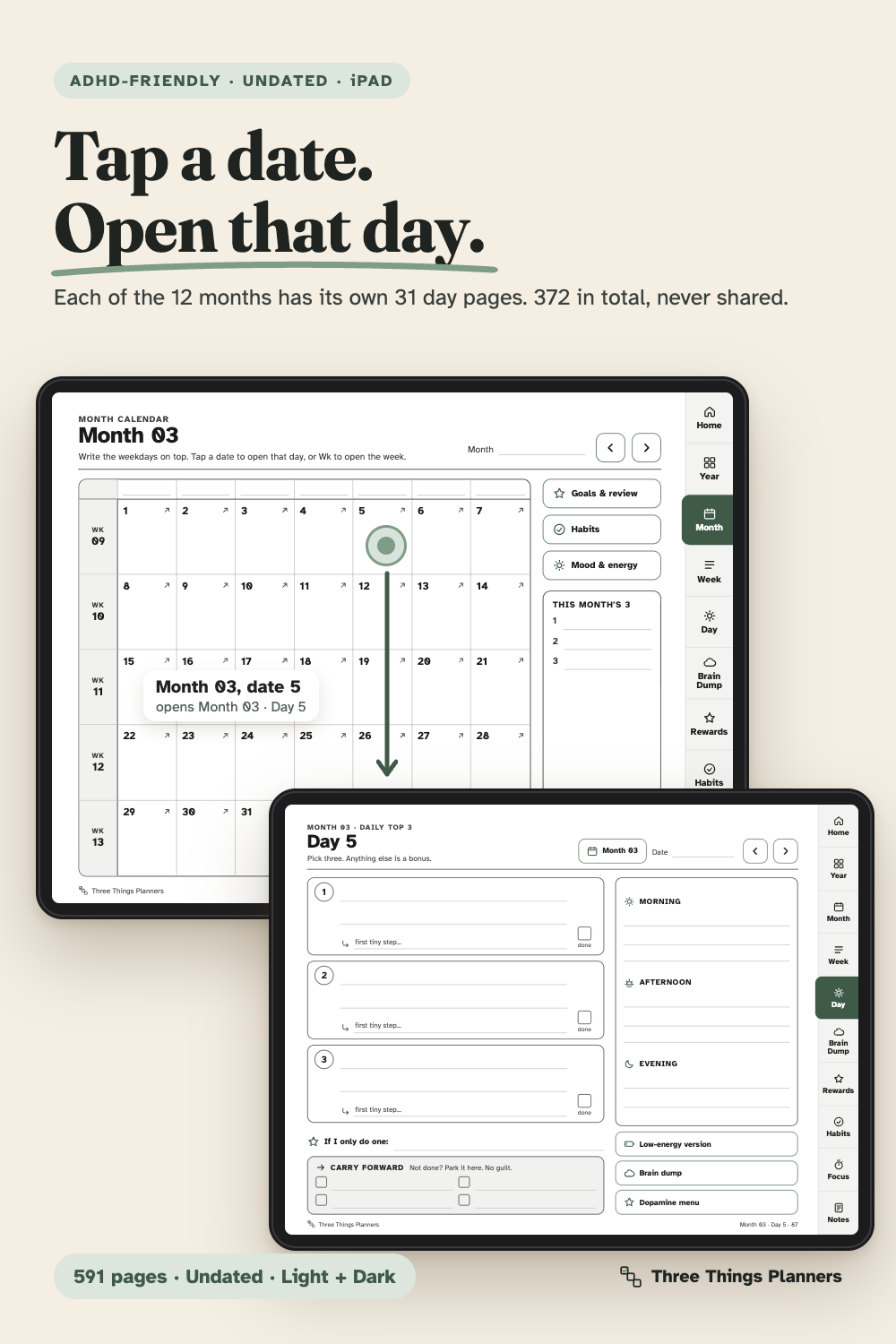 Month calendar: tap a date to open that month's own day page