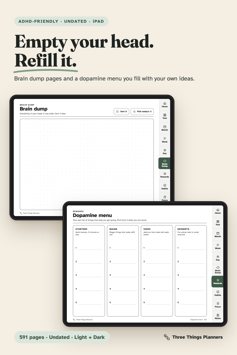 Brain Dump and Dopamine Menu pages