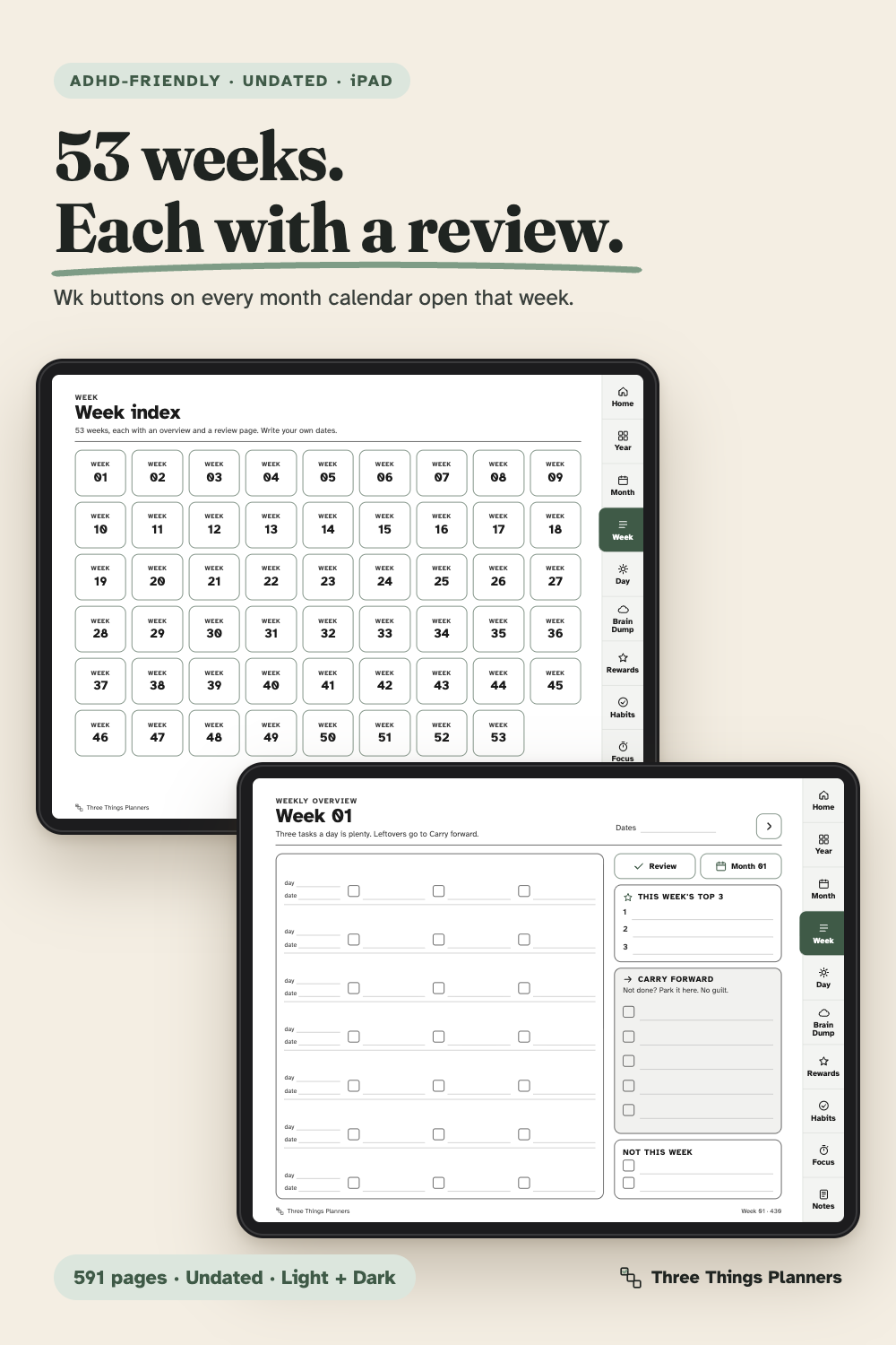 Weekly overview and weekly review pages for 53 weeks