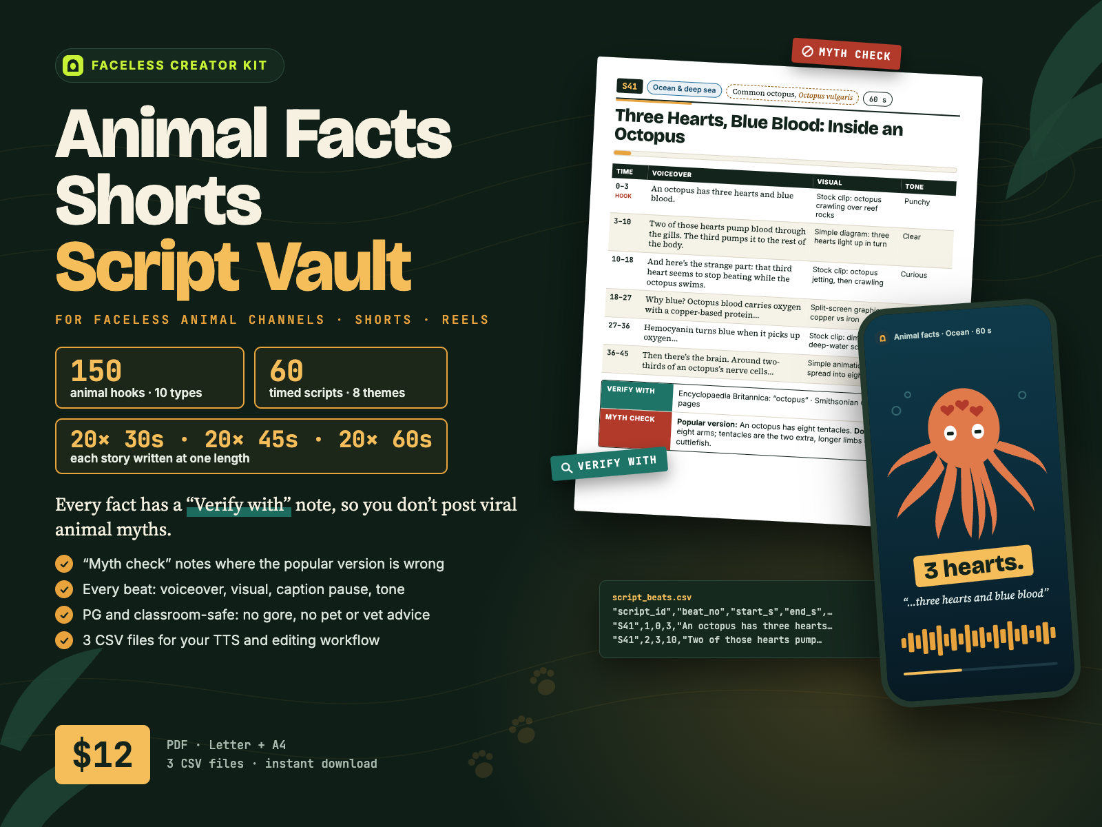 Animal Facts Shorts Script Vault cover: 150 animal hooks, 60 timed scripts, 30, 45 and 60-second lengths, Verify with and Myth check lines, PDF Letter + A4, 3 CSV files