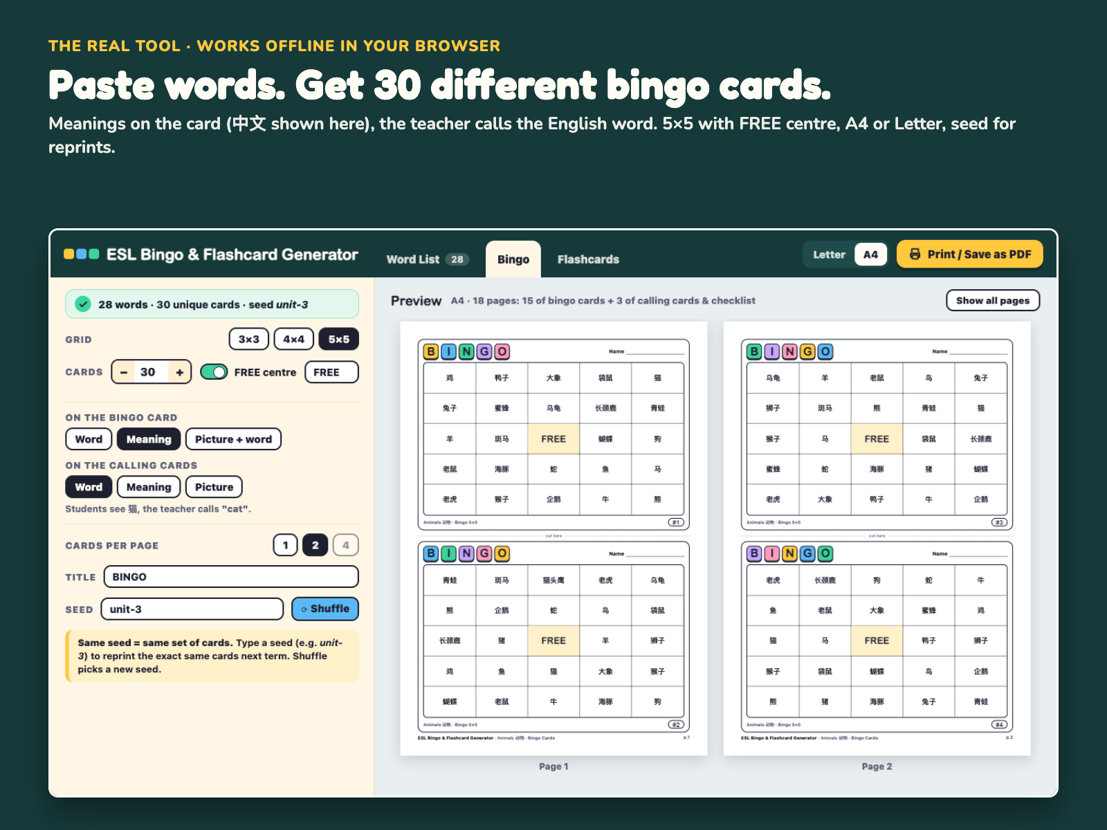 Bingo tab of the generator with grid size, number of cards, seed and card preview