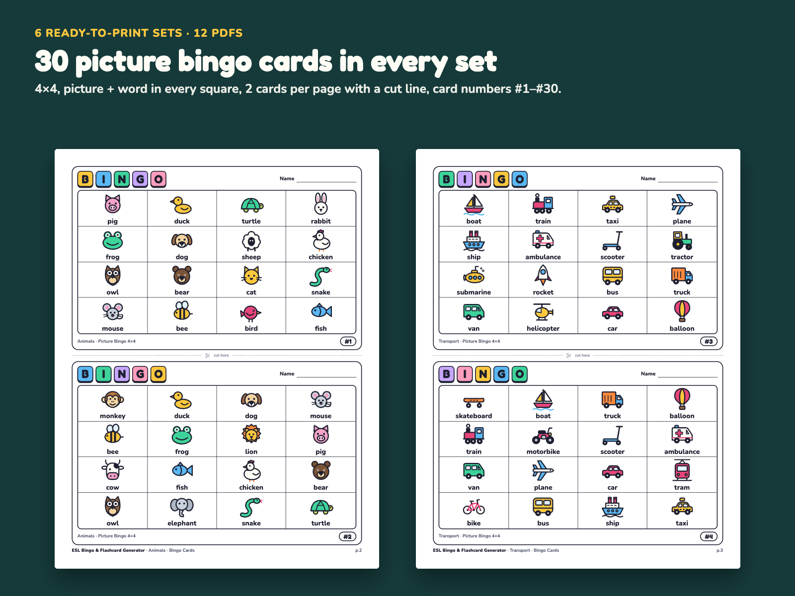 Printed 4x4 picture bingo cards, numbered, each with a different set of words