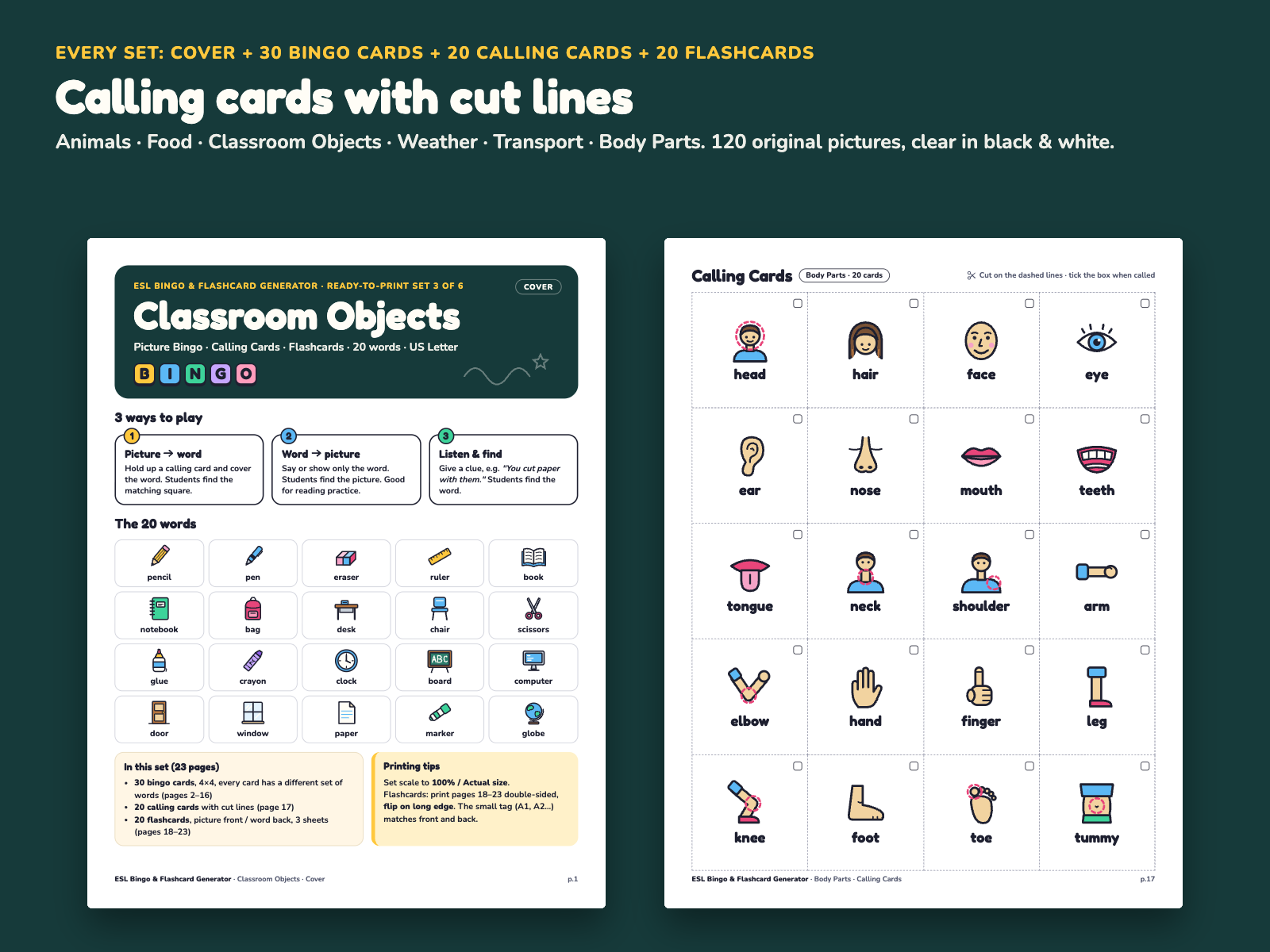 Calling cards page with dashed cut lines and tick boxes