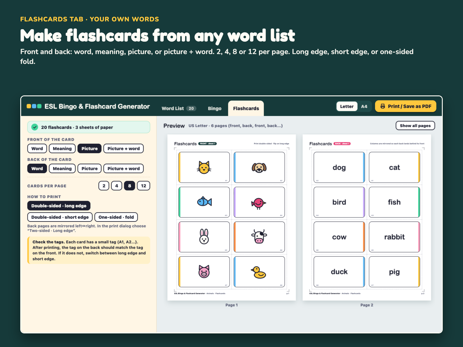 Flashcards tab of the generator with front, back, cards per page and print mode