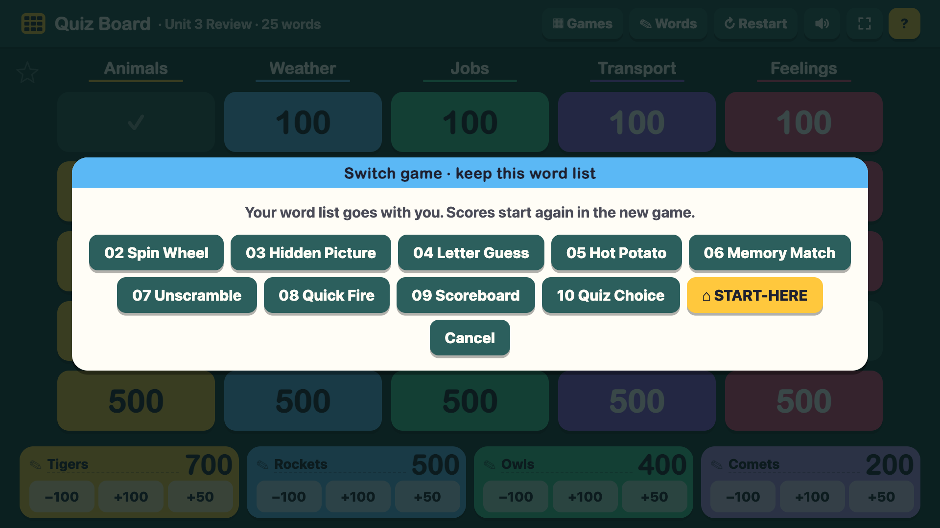Games menu inside a game for switching to another game with the same list