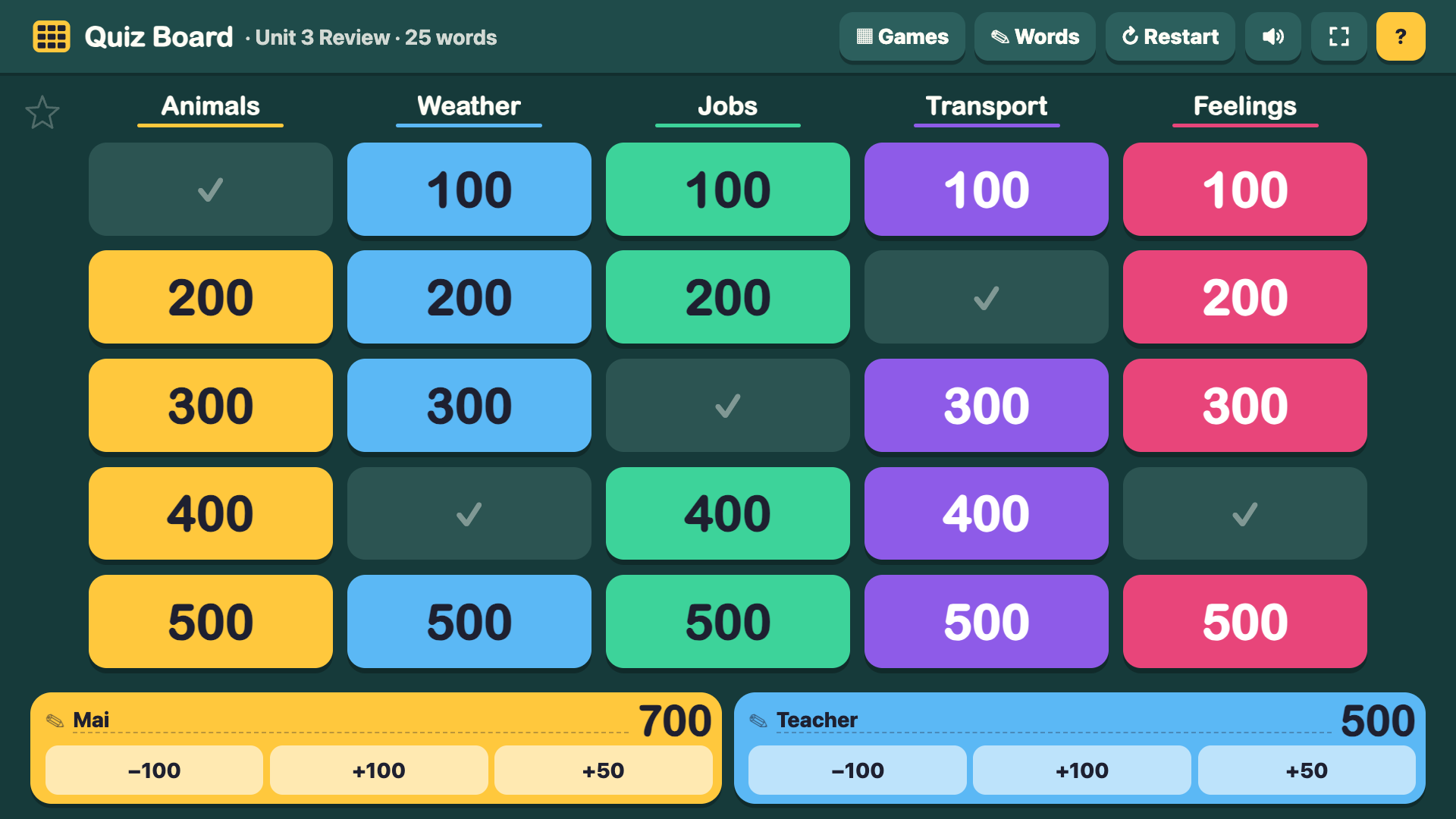 Quiz Board with five categories, point tiles and a two-team score strip named Mai and Teacher