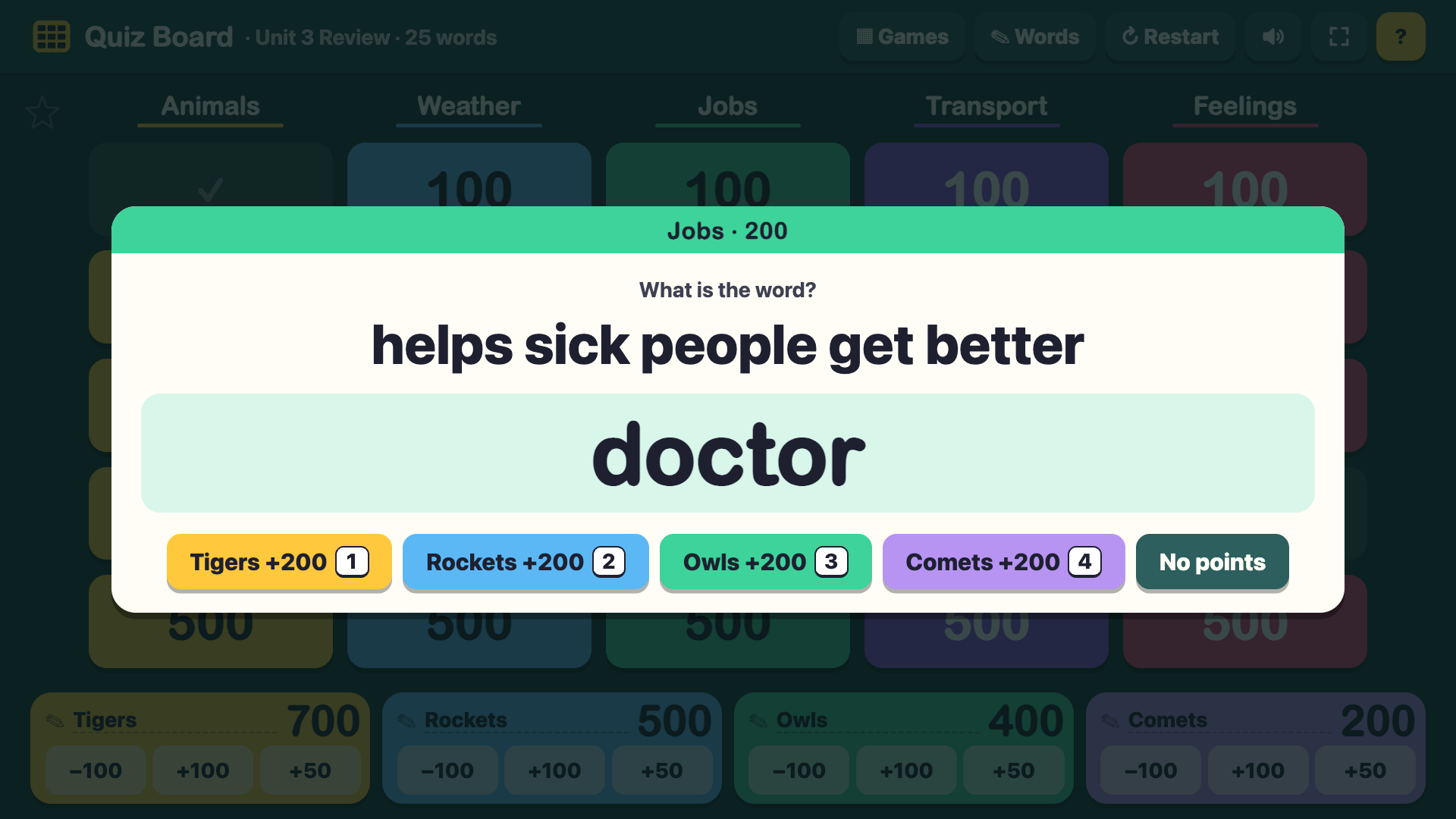 Quiz Board question open: Jobs 200, clue and answer doctor, buttons to award points to one of four teams
