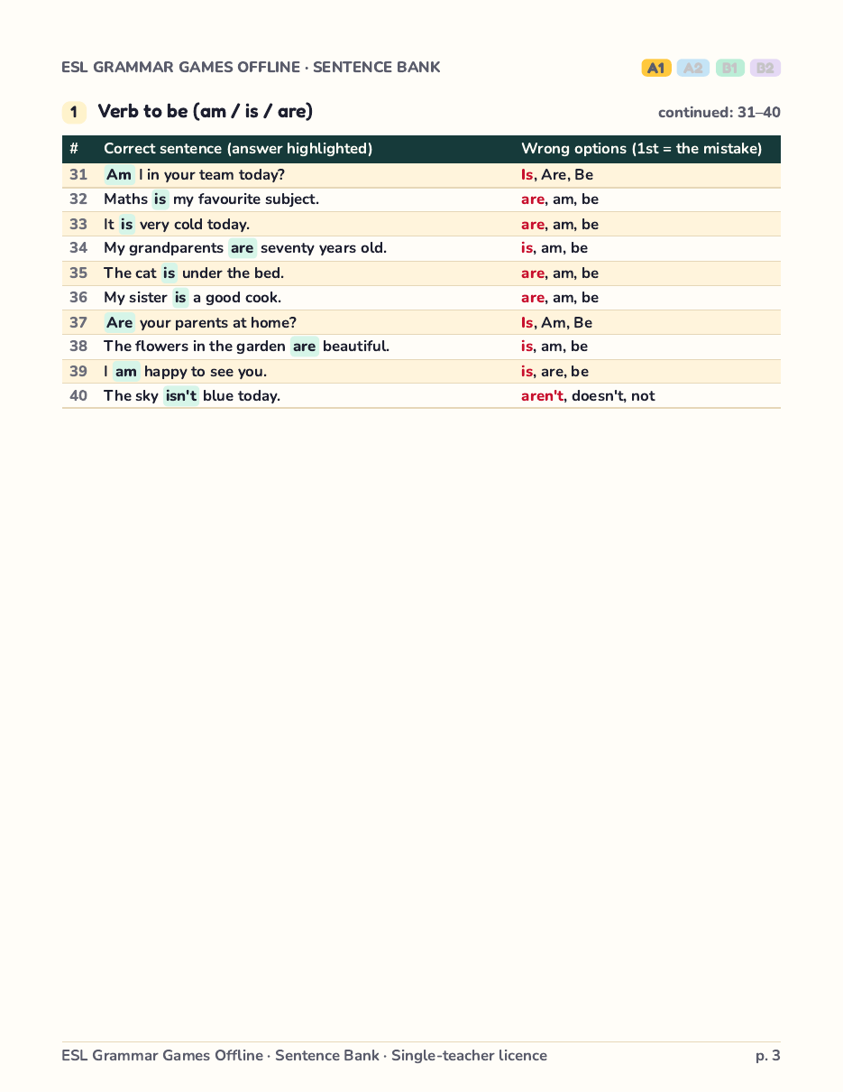 Sentence Bank page 3: more sentences with answers and wrong options
