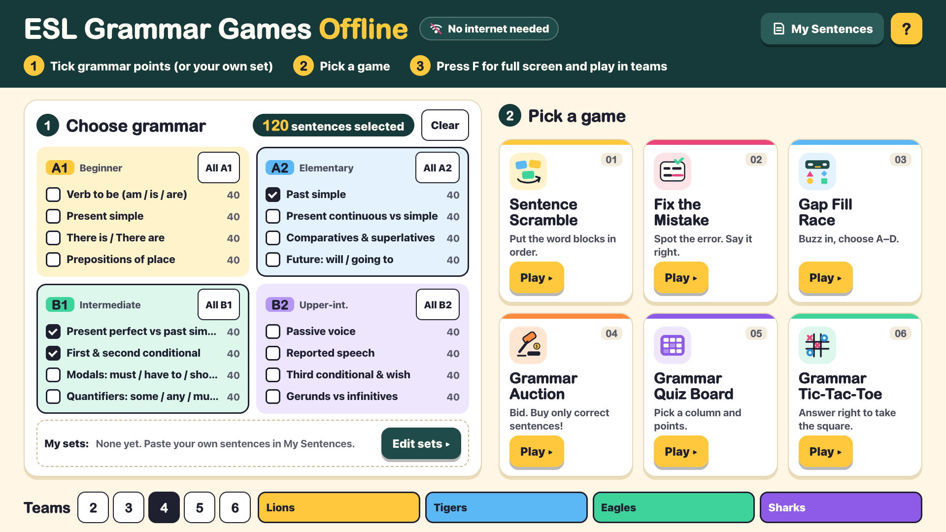 Start page: tick grammar points by level, pick one of 6 games, set 2 to 6 teams