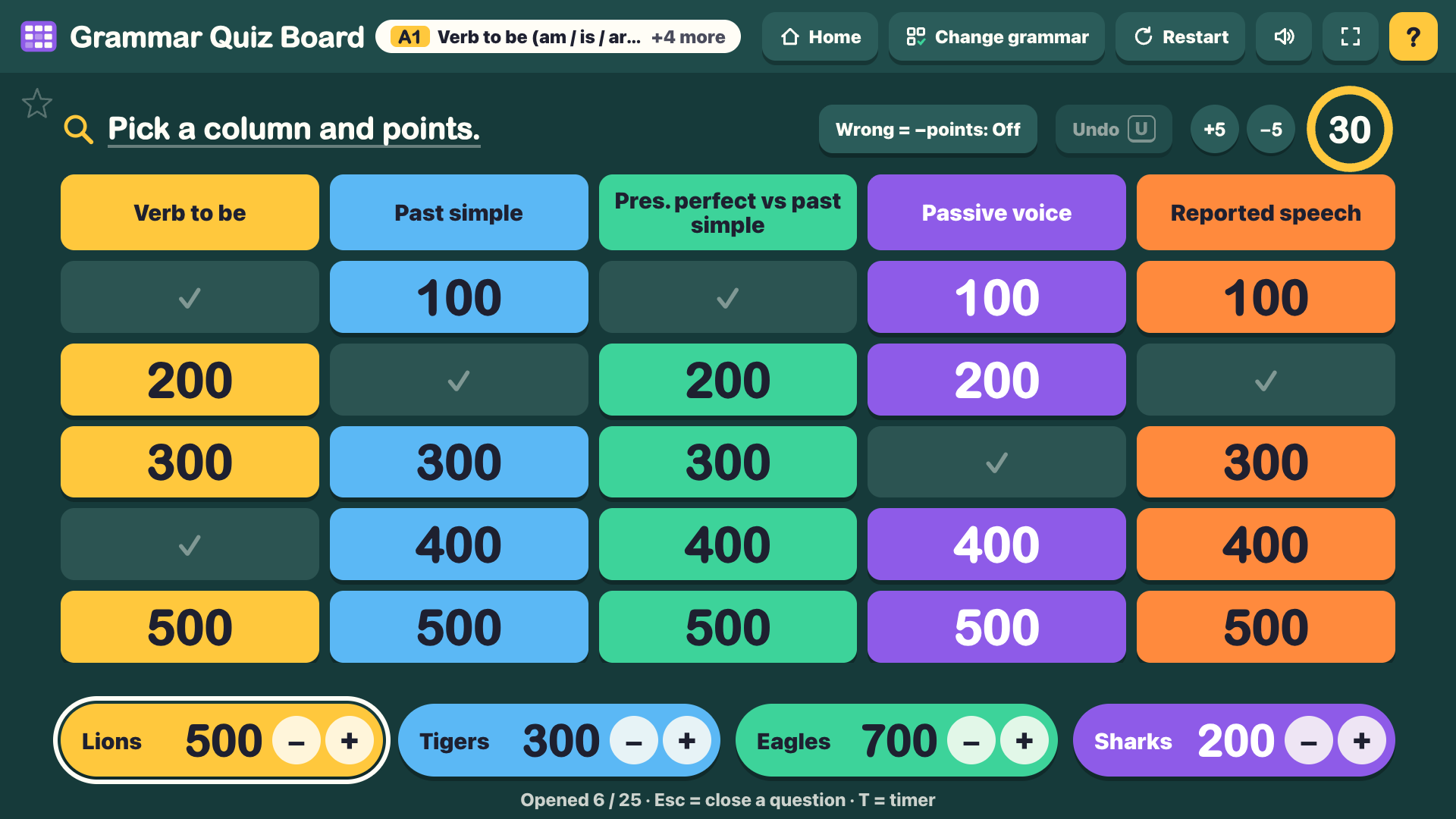 Grammar Quiz Board with grammar columns and 100 to 500 points
