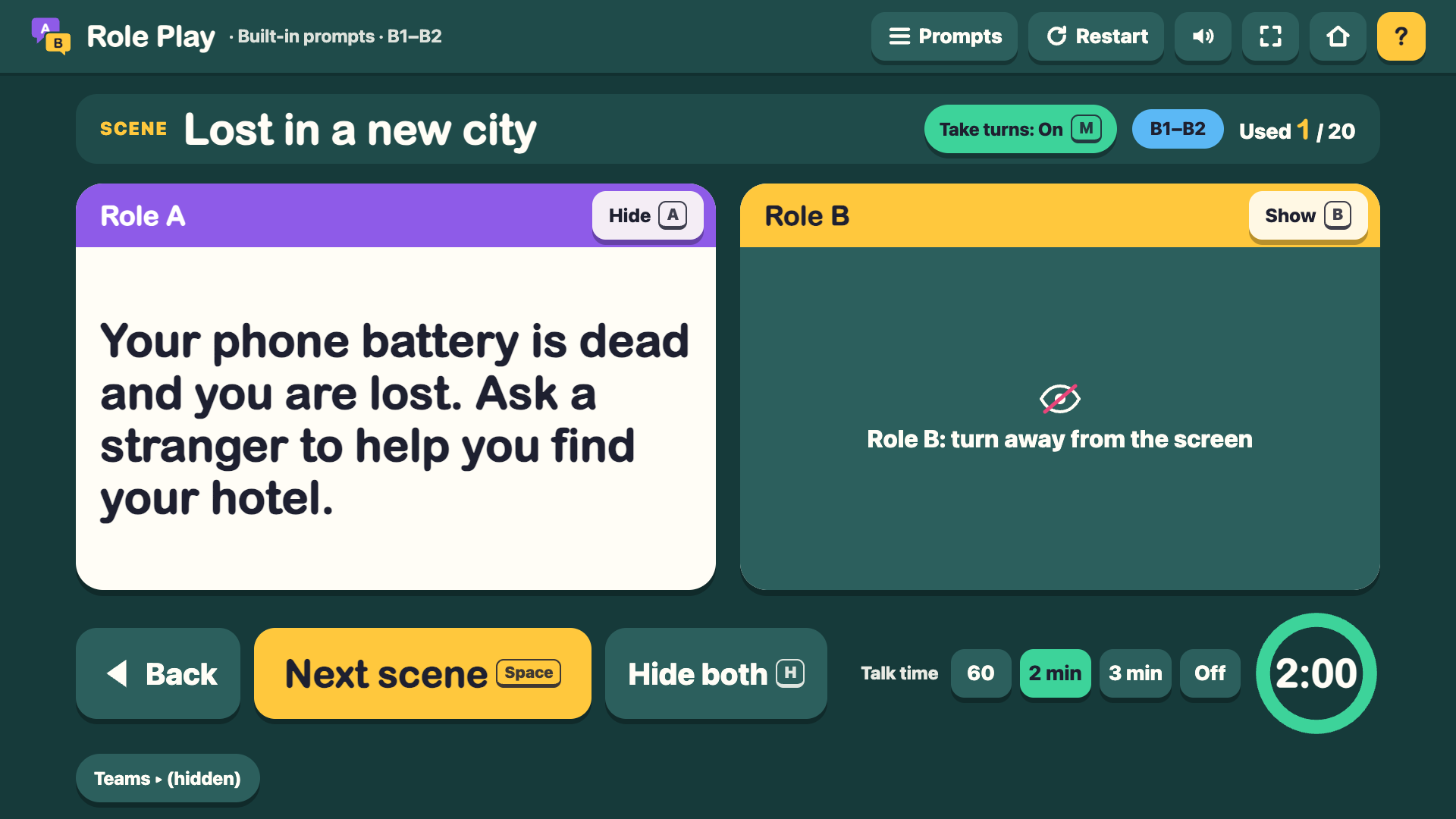 Role Play in Take turns mode, Role A open, Role B covered