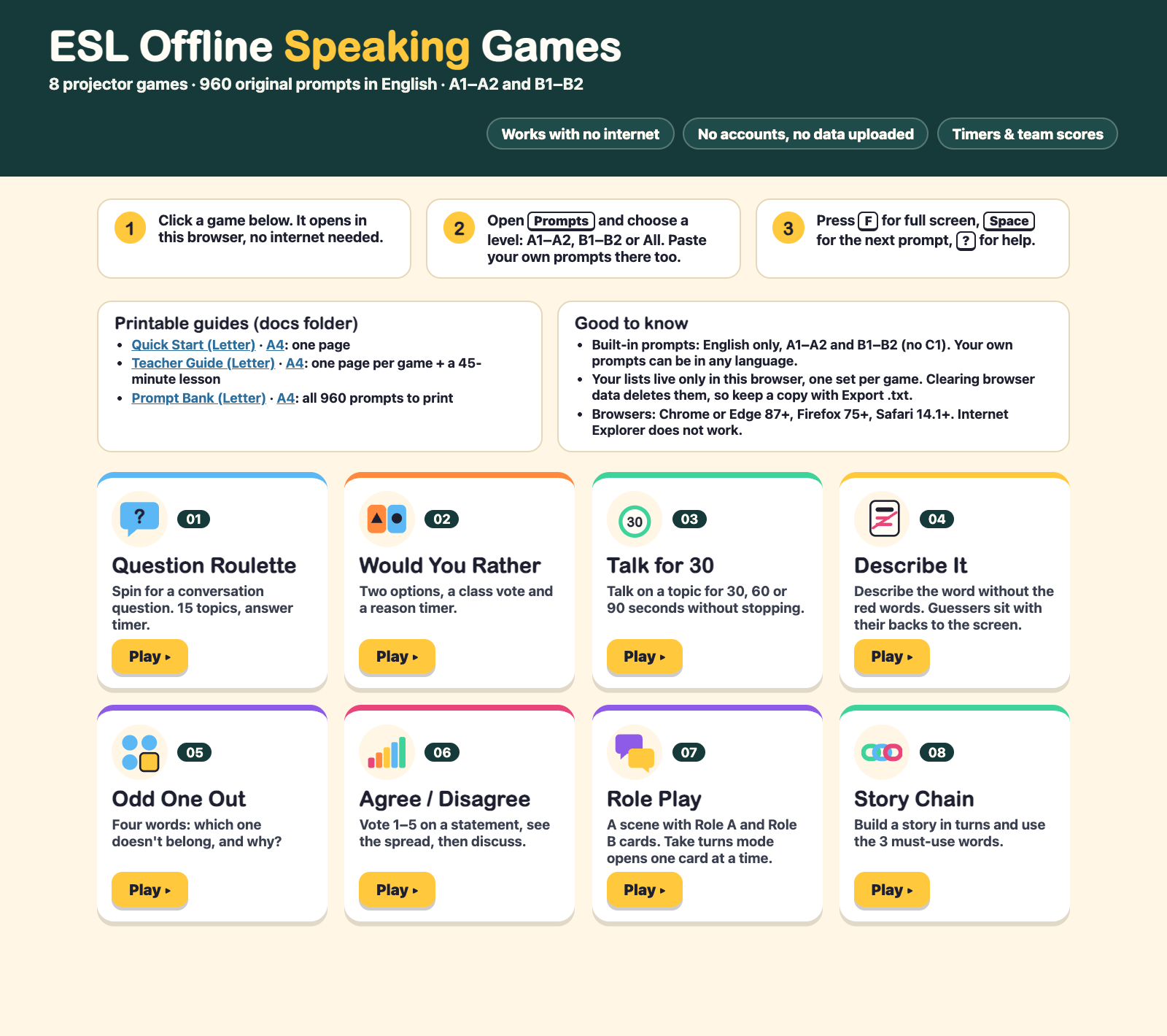 START-HERE launcher with printable guides and 8 game cards