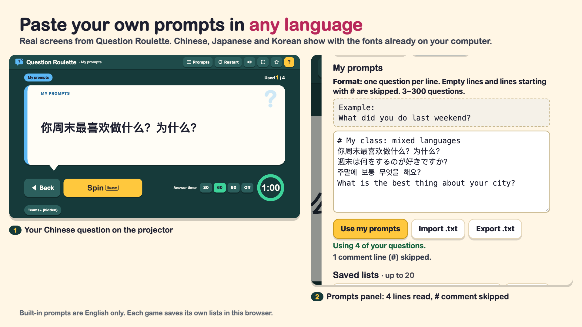 Chinese, Japanese and Korean prompts pasted into Question Roulette