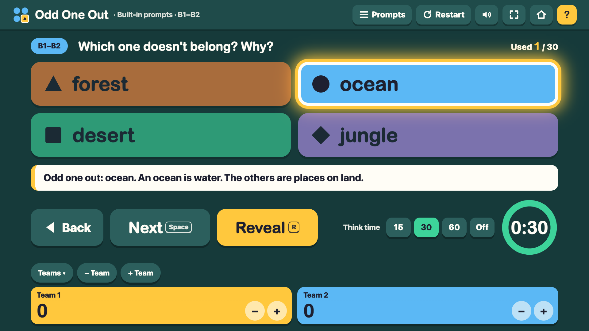 Odd One Out after Reveal, ocean highlighted with the reason