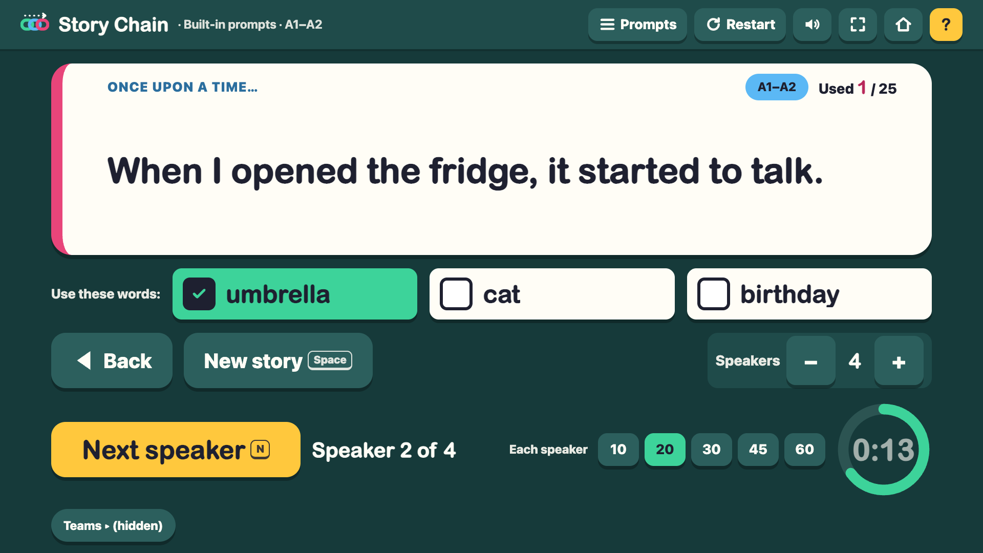 Story Chain with an opening line and 3 must-use words