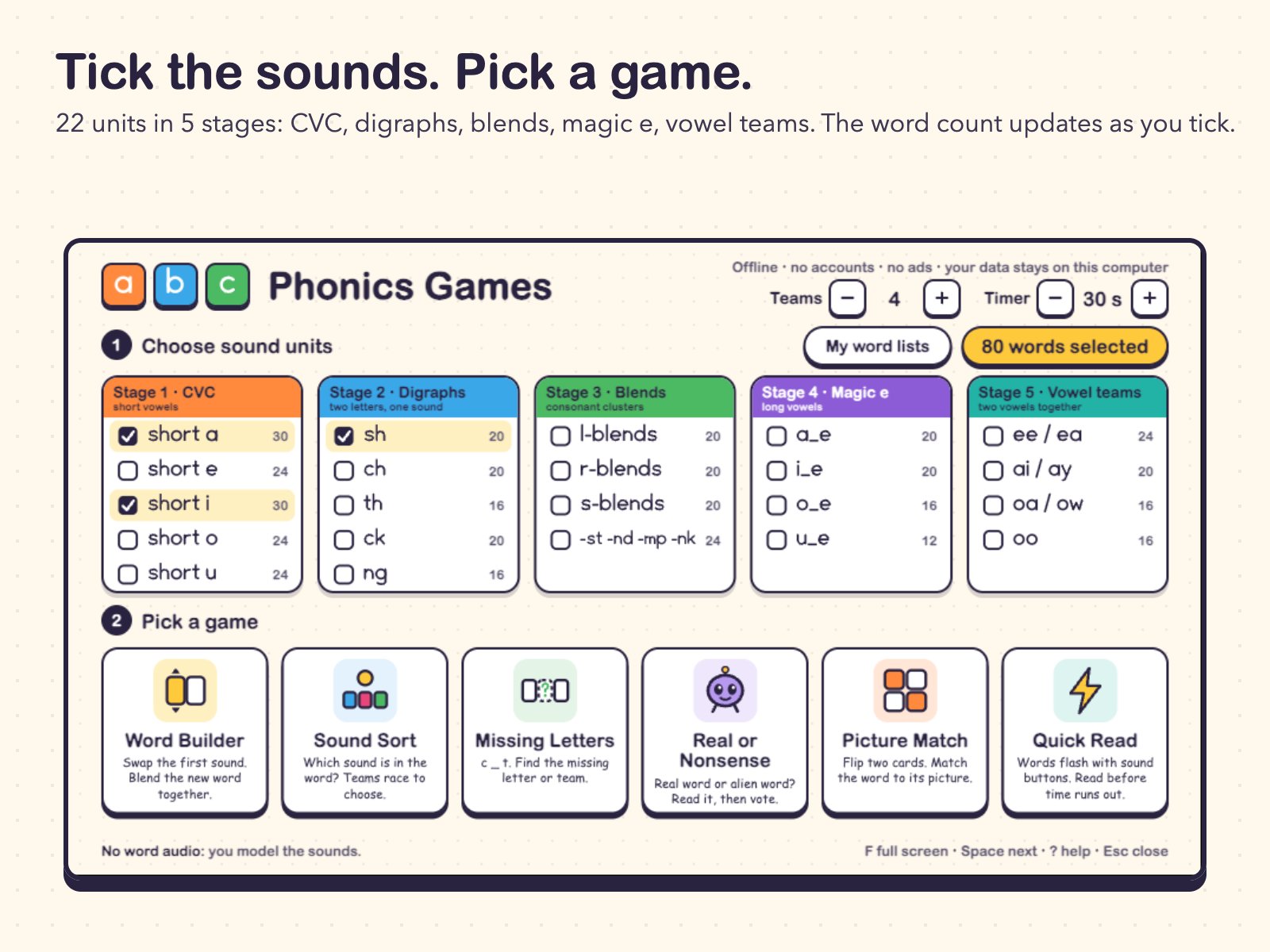 Start page: tick sound units in 5 stages, pick one of 6 games, set 2 to 6 teams