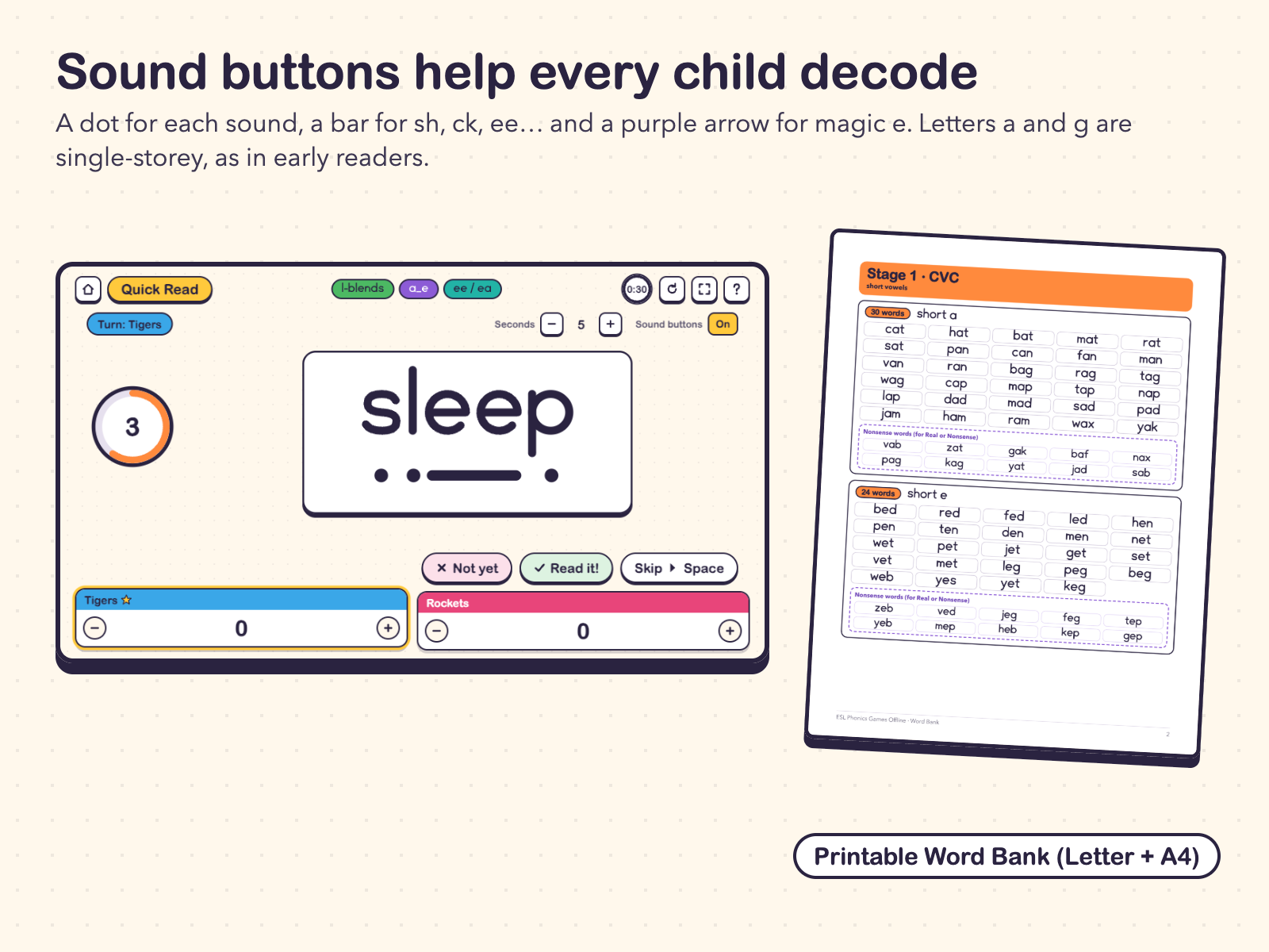 Sound buttons: dots, bars and magic-e arrows under the word