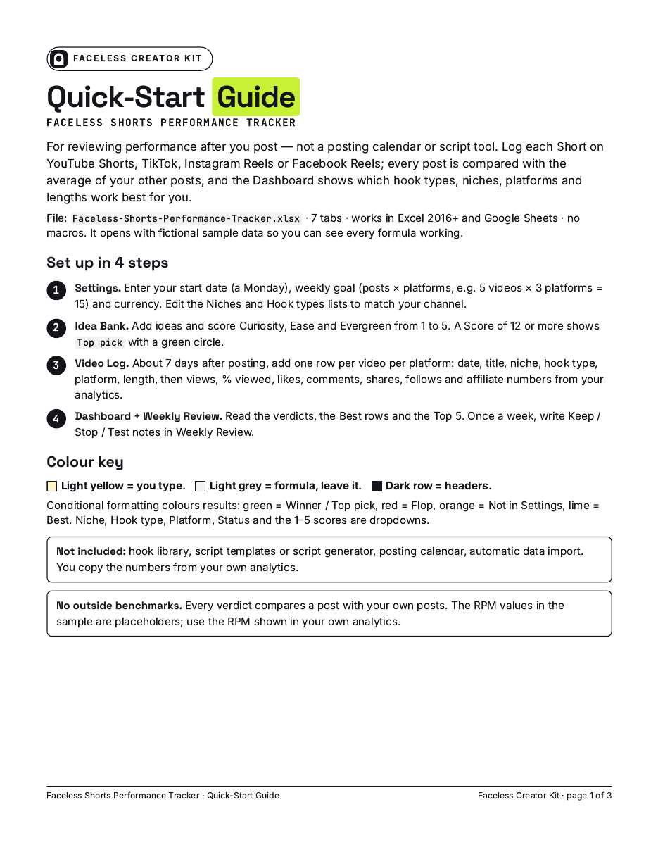 Quick-Start Guide page 1: set up in 4 steps, colour key, not included, no outside benchmarks