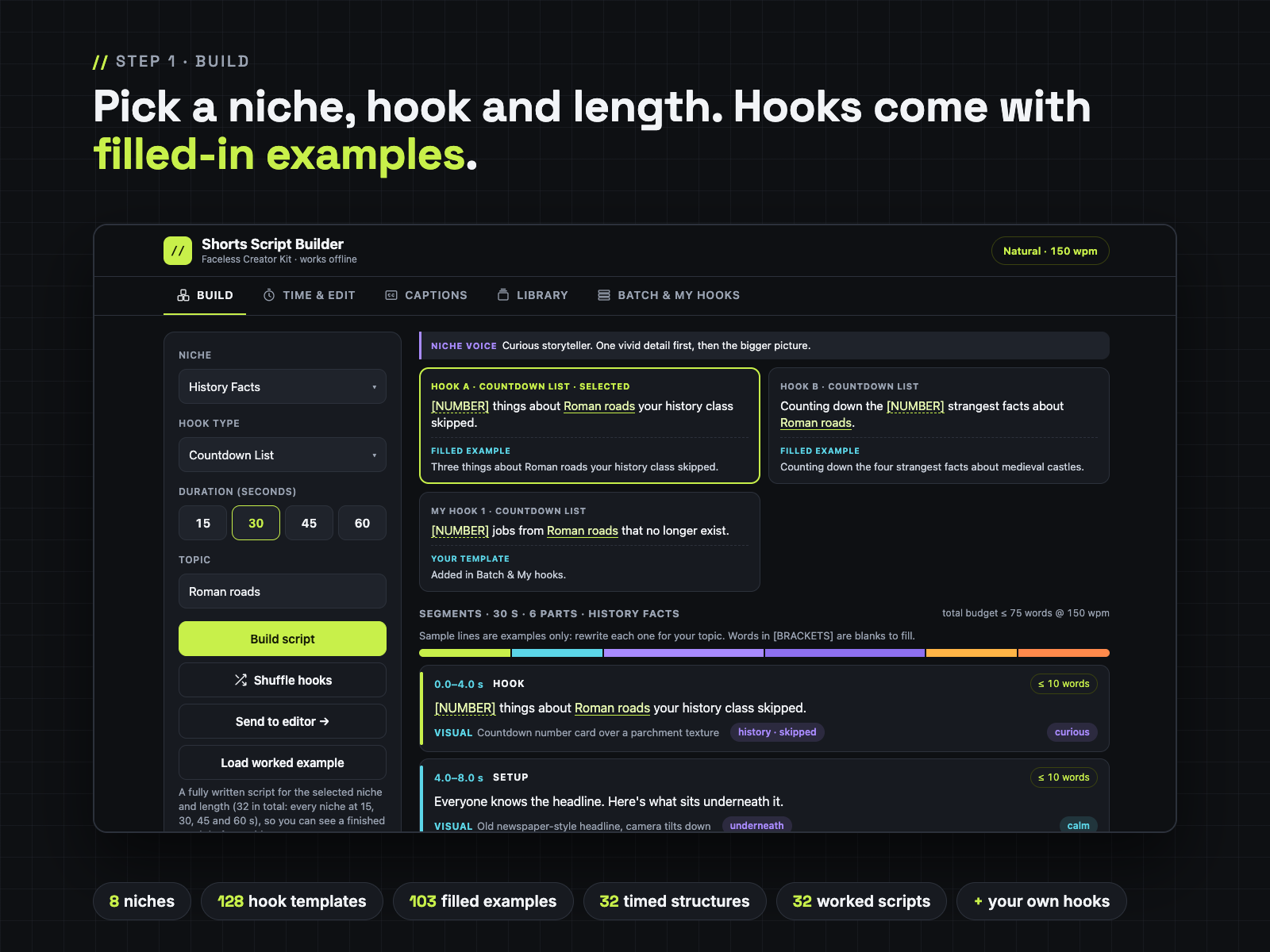 Build tab: niche voice note, hook templates with filled examples, your own hook, timed segments with word budgets