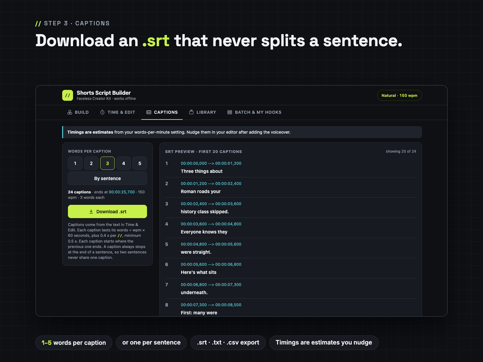 Captions tab: SRT preview with timecodes, captions never cross sentences