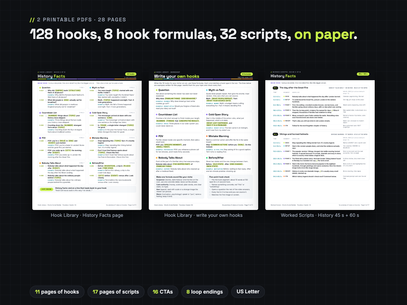 Real pages of the Hook Library and Worked Scripts printable PDFs