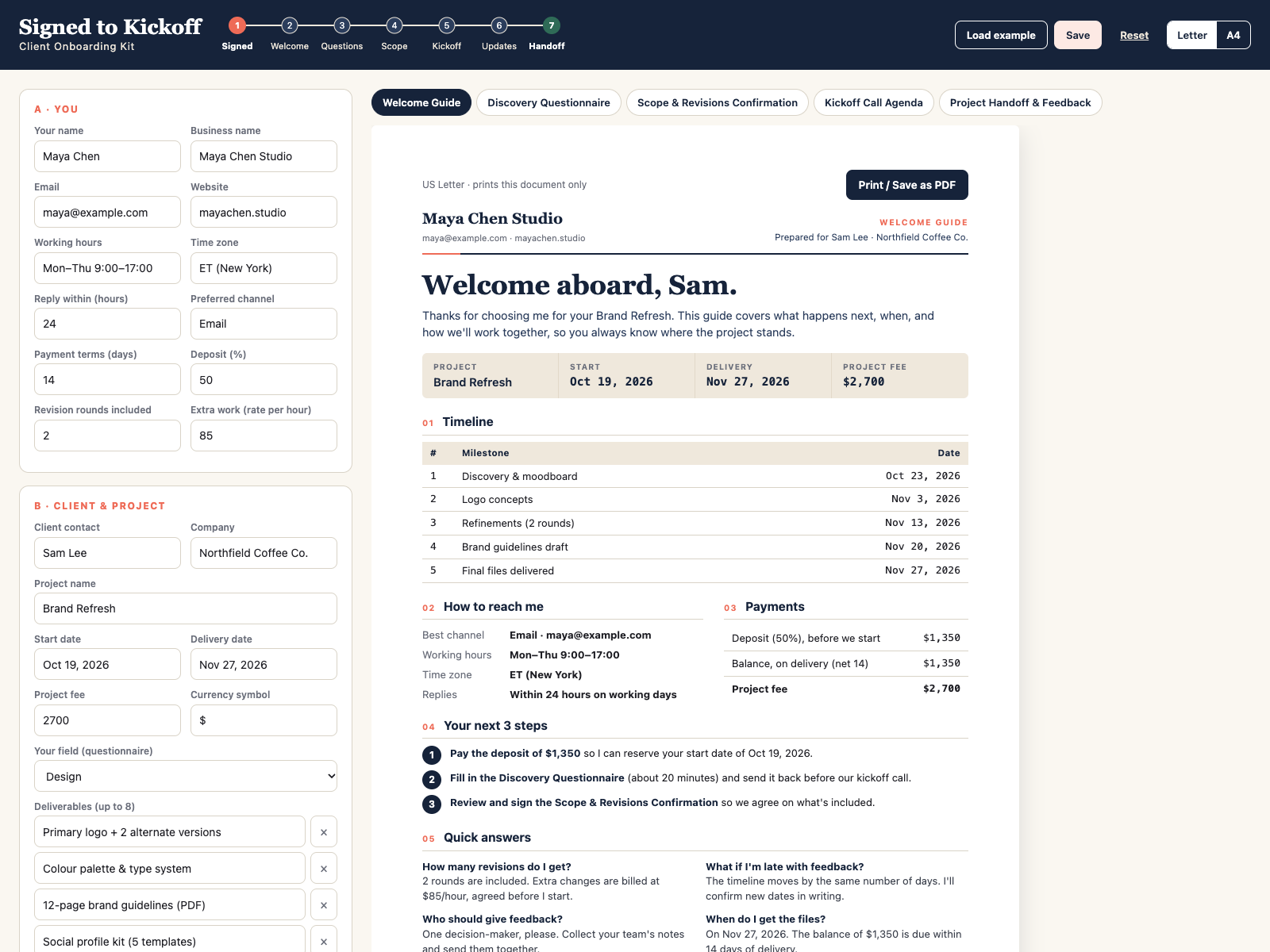 The offline generator: one form, five document tabs