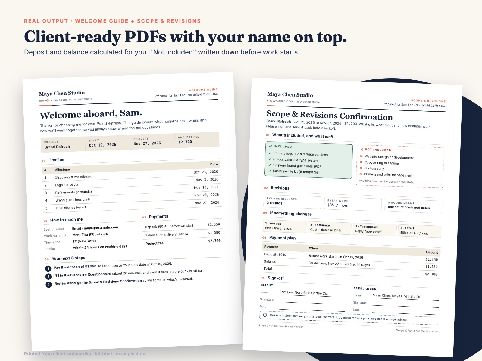 Printed Welcome Guide and Scope & Revisions Confirmation with example data