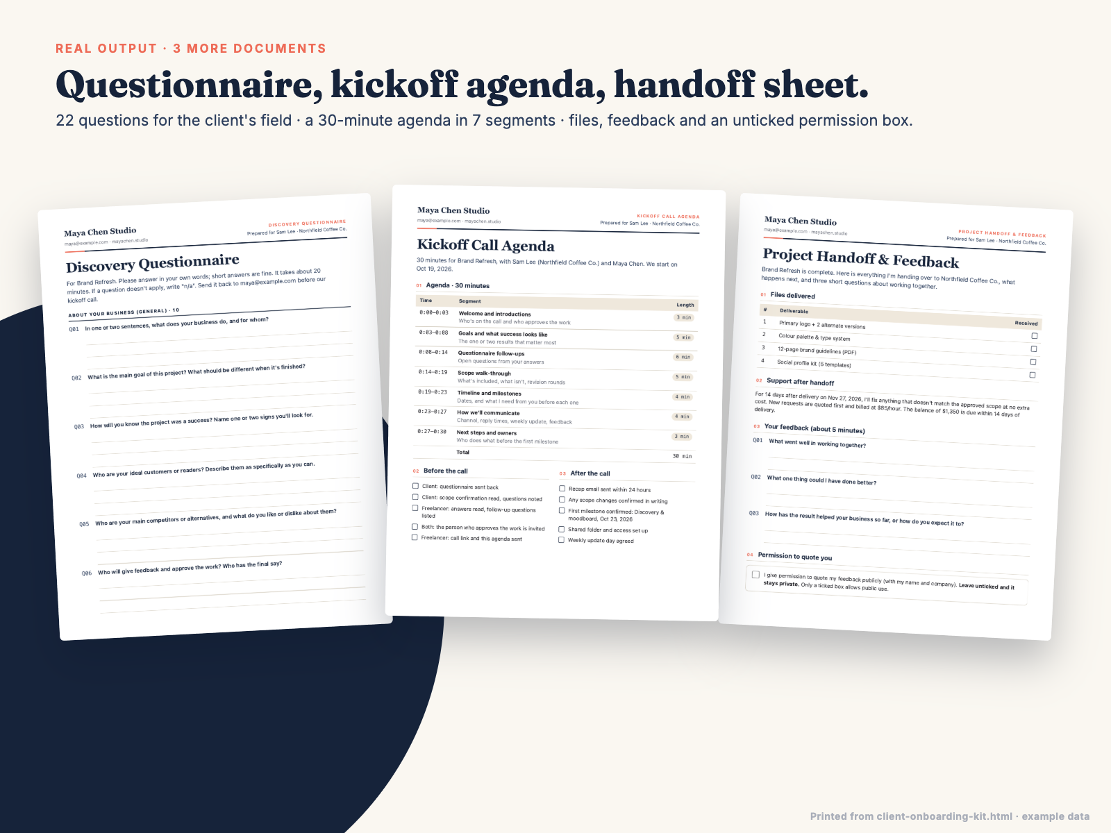 Discovery Questionnaire, Kickoff Call Agenda and Handoff sheet