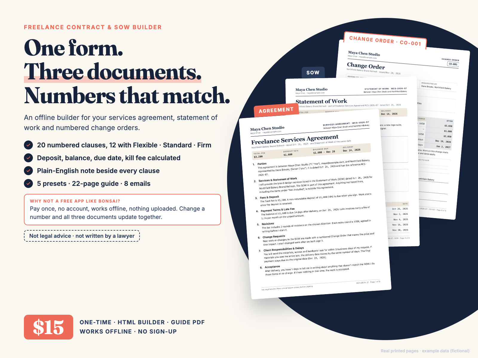 Freelance Contract & SOW Builder cover: services agreement, statement of work and change order with matching numbers, $15