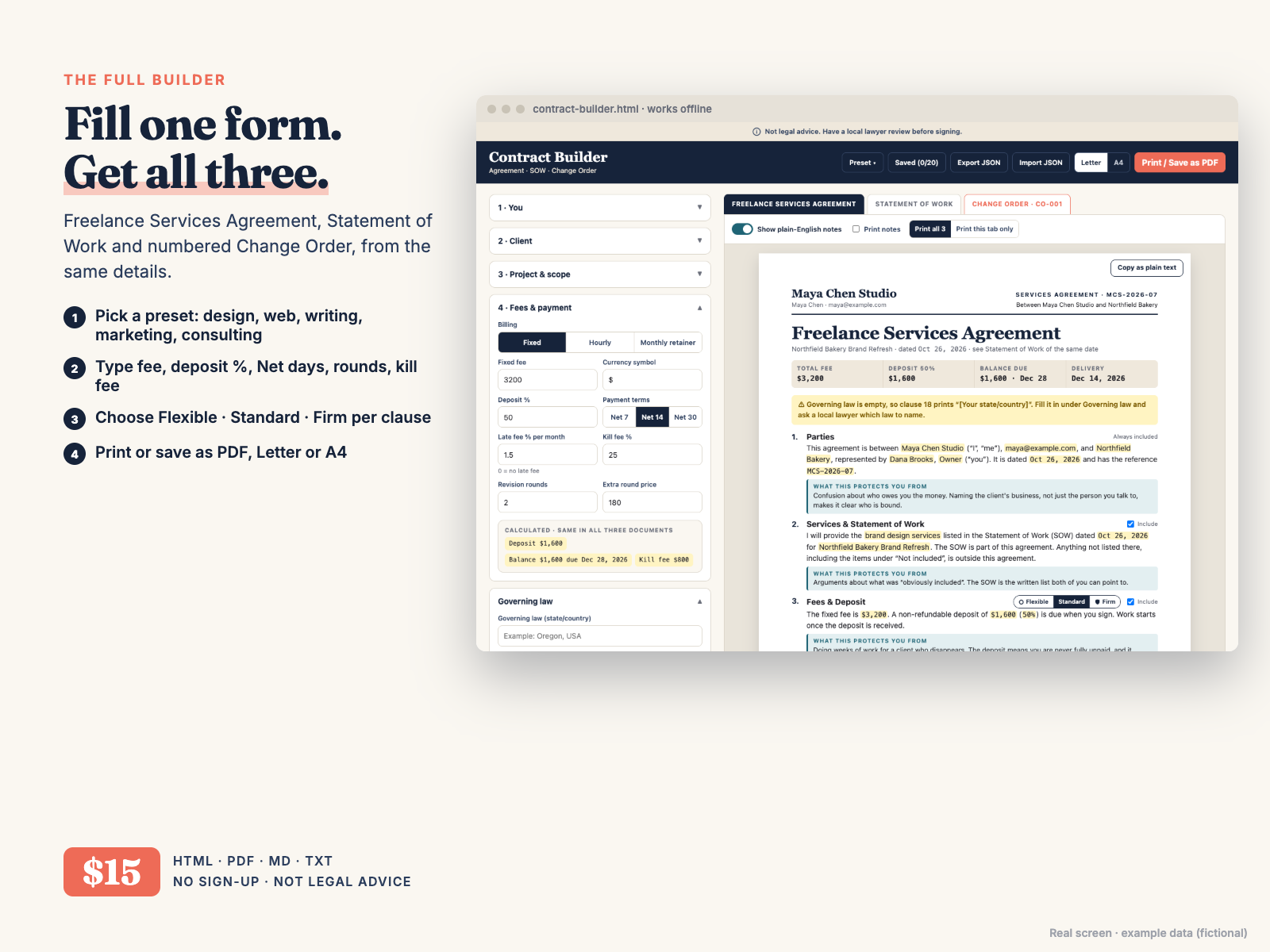 The real builder screen: four form cards on the left, the Freelance Services Agreement on the right