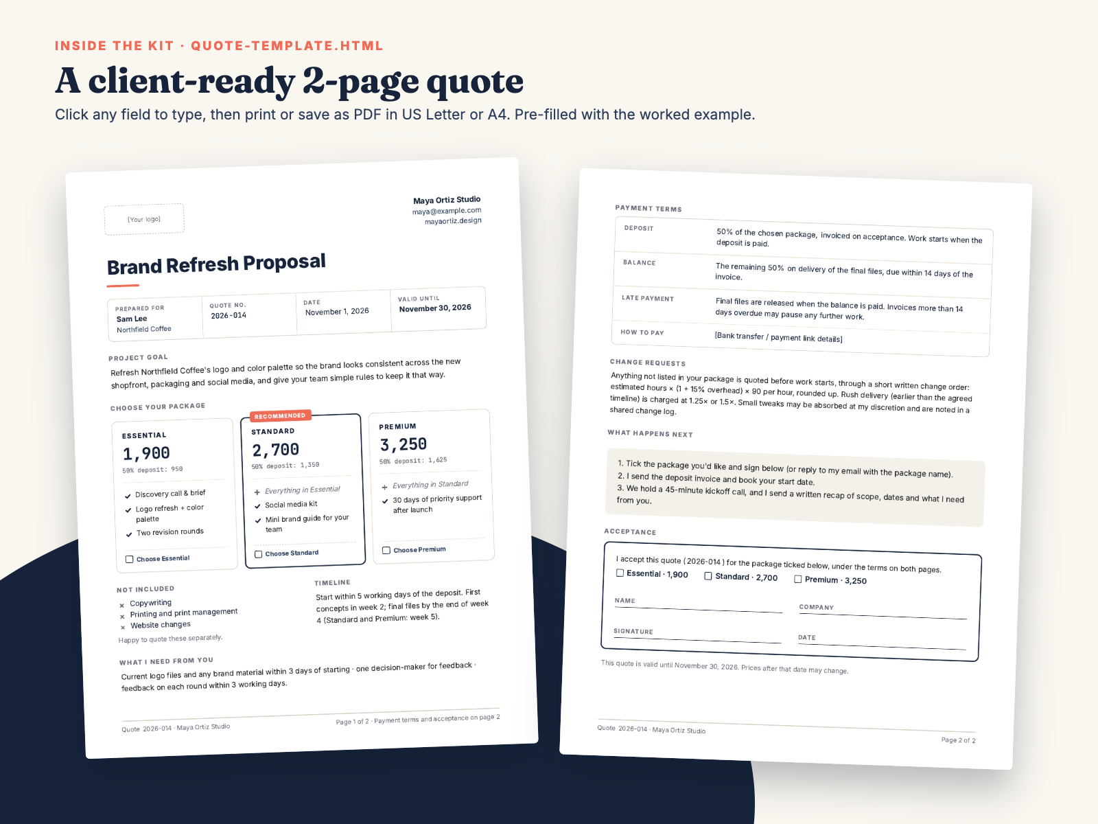 Quote template pages 1 and 2