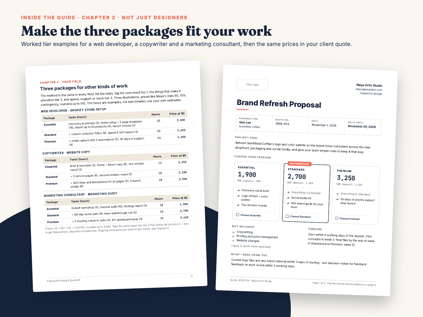 Guide page 11, three-package examples for a web developer, copywriter and marketing consultant