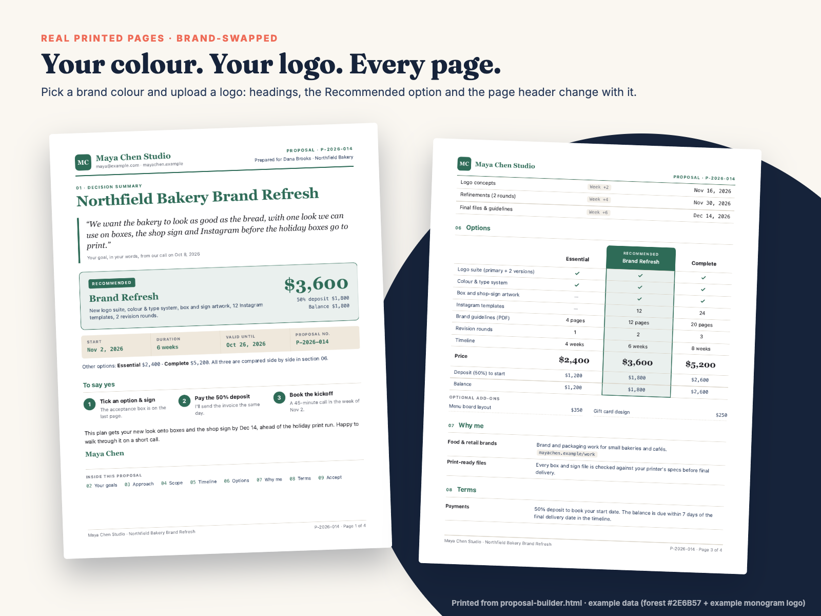 Real printed proposal pages with brand colour and logo swapped