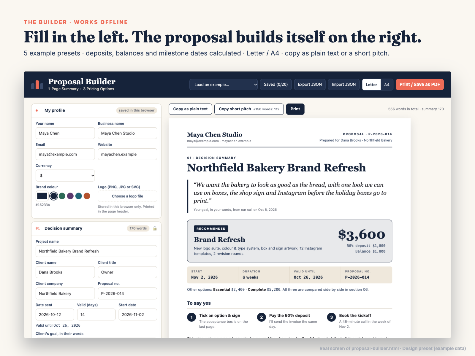 The real builder screen: editor on the left, proposal on the right